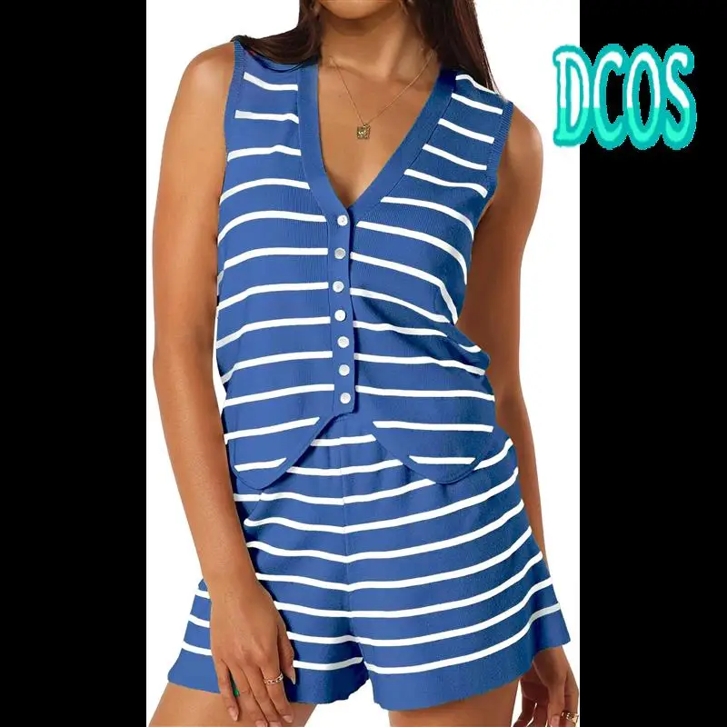 DCOS-Women 2 Piece Outfits Summer Knit Striped Matching Set Button Down V Neck Vest Shorts Sets
DCOS-Women 2 Piece Outfits Summer Knit Striped Matching Set Button Down V Neck Vest Shorts Sets