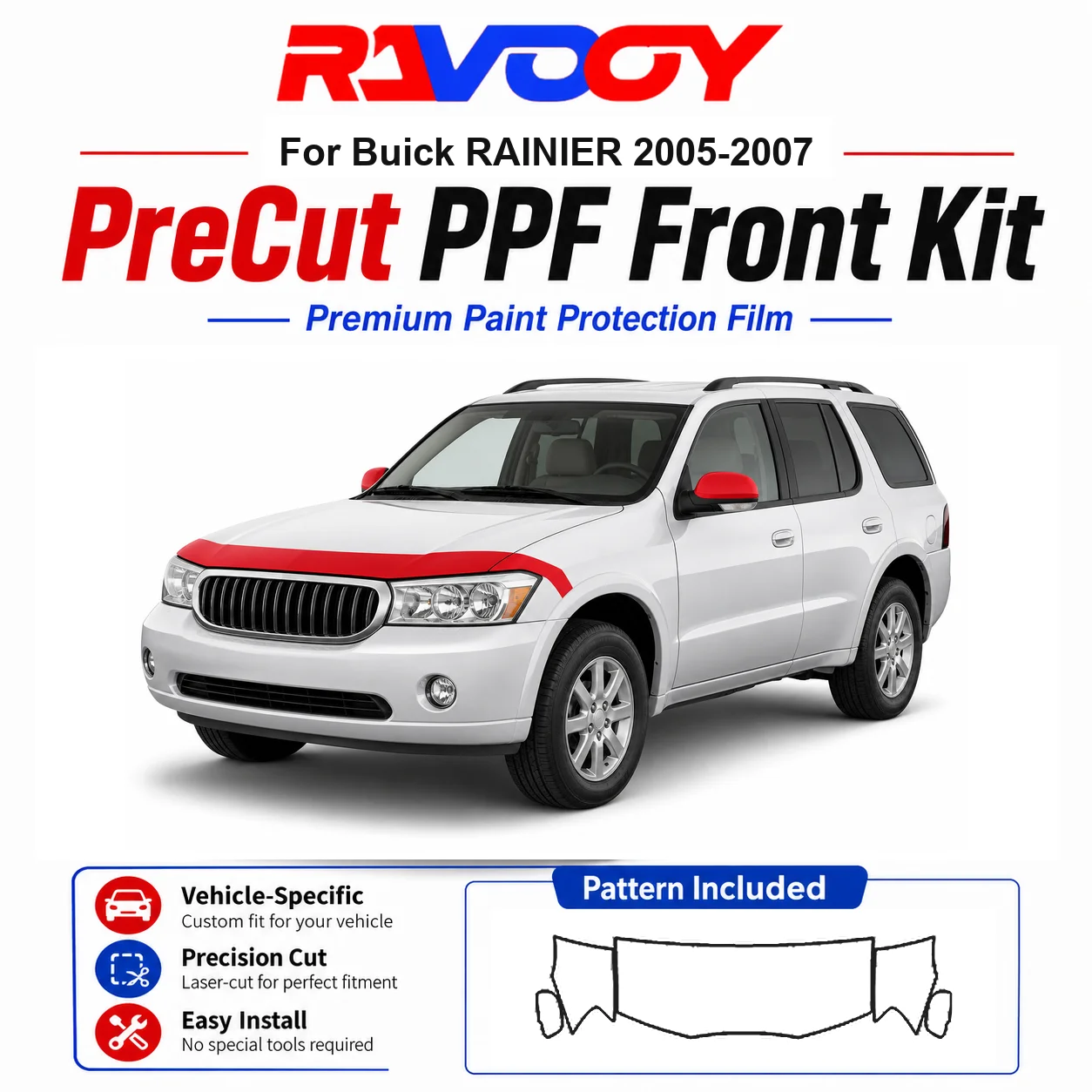 8.5mil TPU Precut PPF Kit For Buick RAINIER 2005-2007 - Hood, Fenders & Mirror Set - Self-Healing Clear Bra Film
8.5mil TPU Precut PPF Kit For Buick RAINIER 2005-2007 - Hood, Fenders & Mirror Set - Self-Healing Clear Bra Film