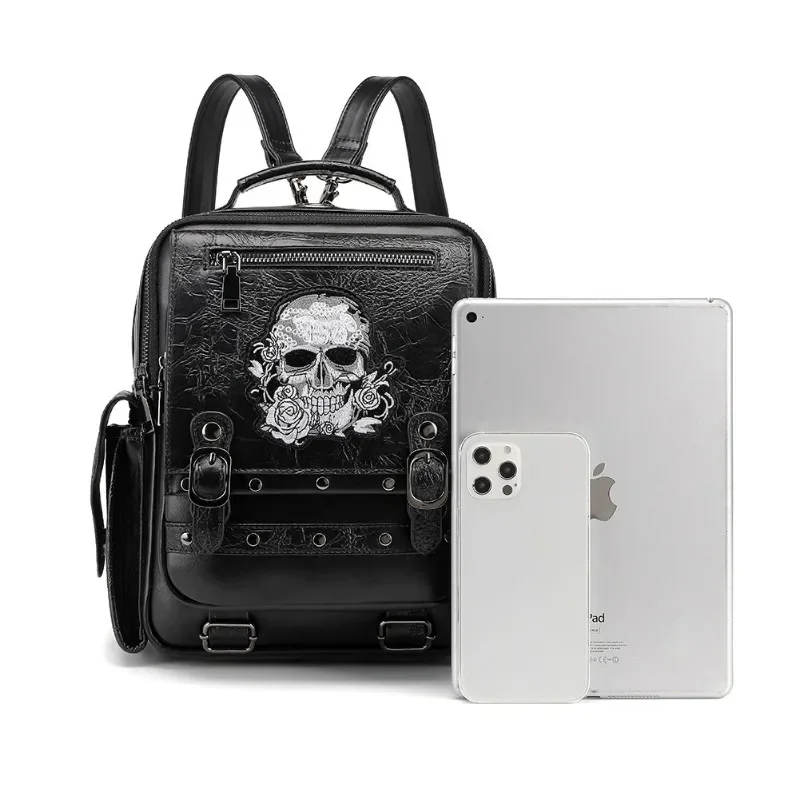 Large capacity women's backpack, skull and head embroidery, portable backpack, computer bag, PU leather. 
Large capacity women's backpack, skull and head embroidery, portable backpack, computer bag, PU leather.