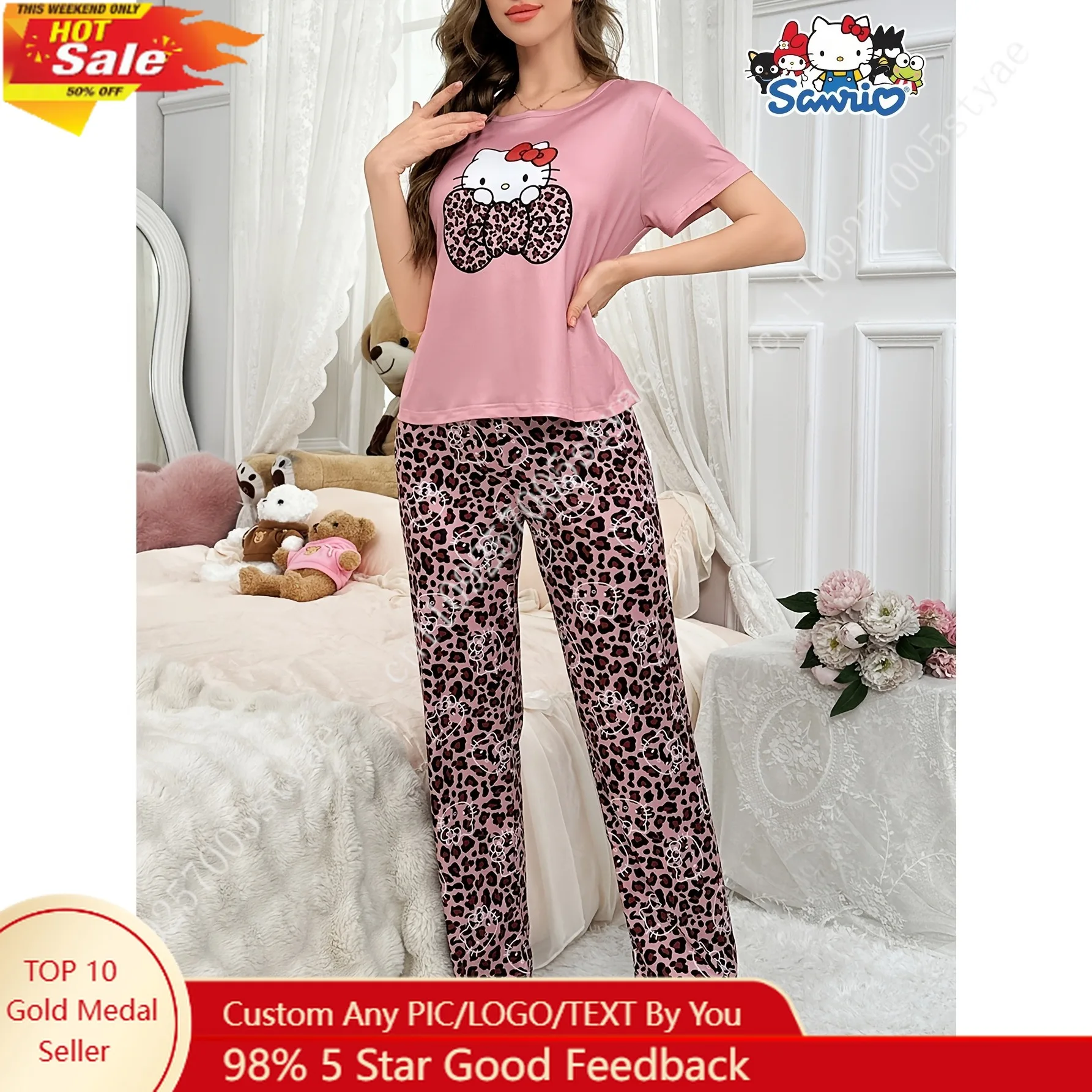 Sanrio Hello Kitty Leopard Cartoon Pajama Set Cute Crew Neck Short Sleeve Top and Long Pants for Adults All Season Comfort
Sanrio Hello Kitty Leopard Cartoon Pajama Set Cute Crew Neck Short Sleeve Top and Long Pants for Adults All Season Comfort