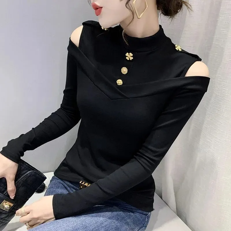 European Station Autumn New Slim Fashion Sexy Off-shoulder Mid-high Collar Long-sleeved T-shirt for Women
European Station Autumn New Slim Fashion Sexy Off-shoulder Mid-high Collar Long-sleeved T-shirt for Women