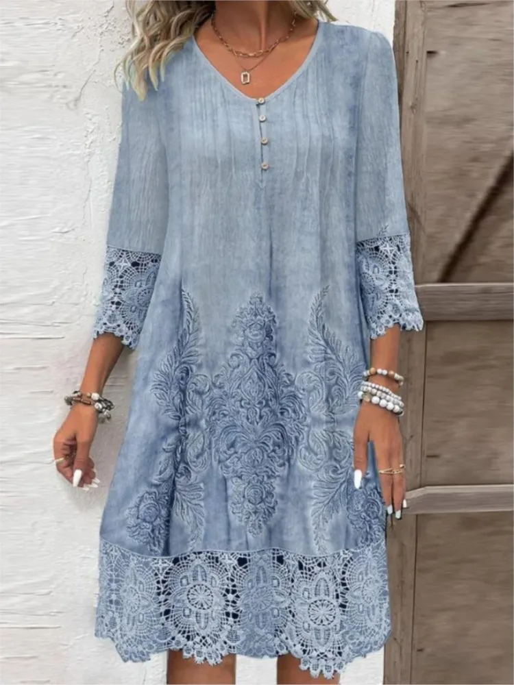 Vintage Solid Color Lace Dress Women Spring Summer Fashion V-neck Button Loose Casual Dresses Female 2025 Holiday Robe Femme
Vintage Solid Color Lace Dress Women Spring Summer Fashion V-neck Button Loose Casual Dresses Female 2025 Holiday Robe Femme