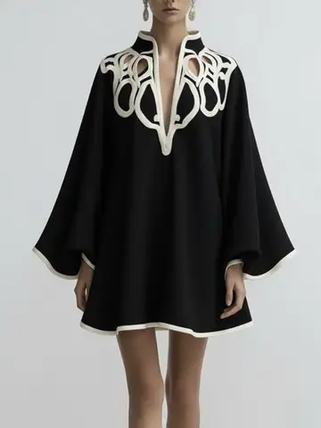 Freeacy Women's Hollowed Stand Collar Loose Mini Dress 2026 Spring New Contrast Color Long Sleeves Vacation Party Dresses