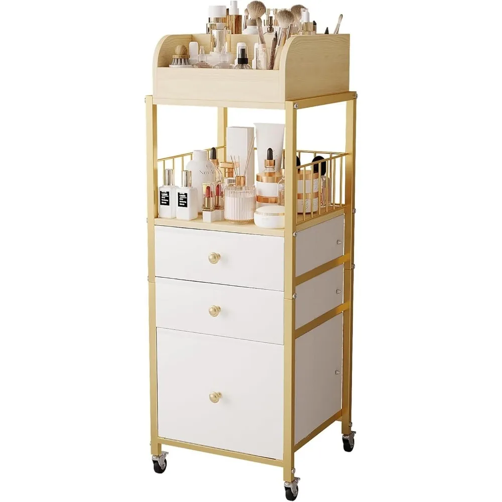 3-Tier Makeup Organizer Cart with Drawers, Open Shelf and Fabric Storage for Cosmetics, Skincare, Hair Tools in Gold
3-Tier Makeup Organizer Cart with Drawers, Open Shelf and Fabric Storage for Cosmetics, Skincare, Hair Tools in Gold