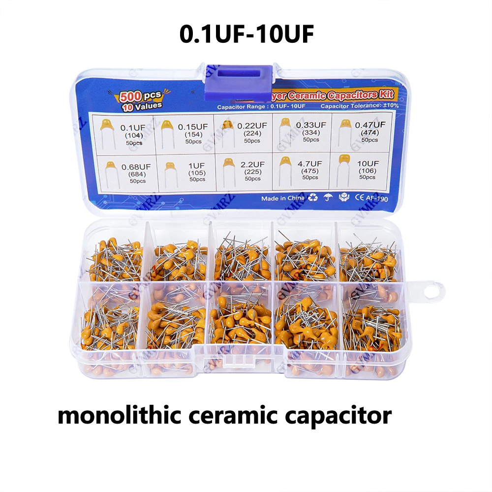 10Values 0.1UF-10UF monolithic ceramic capacitor kit 0.15UF 0..22UF 0.33UF 0.47UF 0.68UF 1UF 2.2UF 4.7UF each 50PCS
10Values 0.1UF-10UF monolithic ceramic capacitor kit 0.15UF 0..22UF 0.33UF 0.47UF 0.68UF 1UF 2.2UF 4.7UF each 50PCS