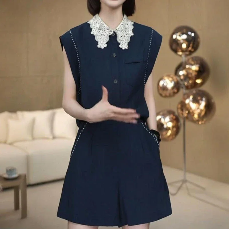 Womens Summer Two Piece Set Lace Collar Sleeveless Top and High Waist Shorts
Womens Summer Two Piece Set Lace Collar Sleeveless Top and High Waist Shorts