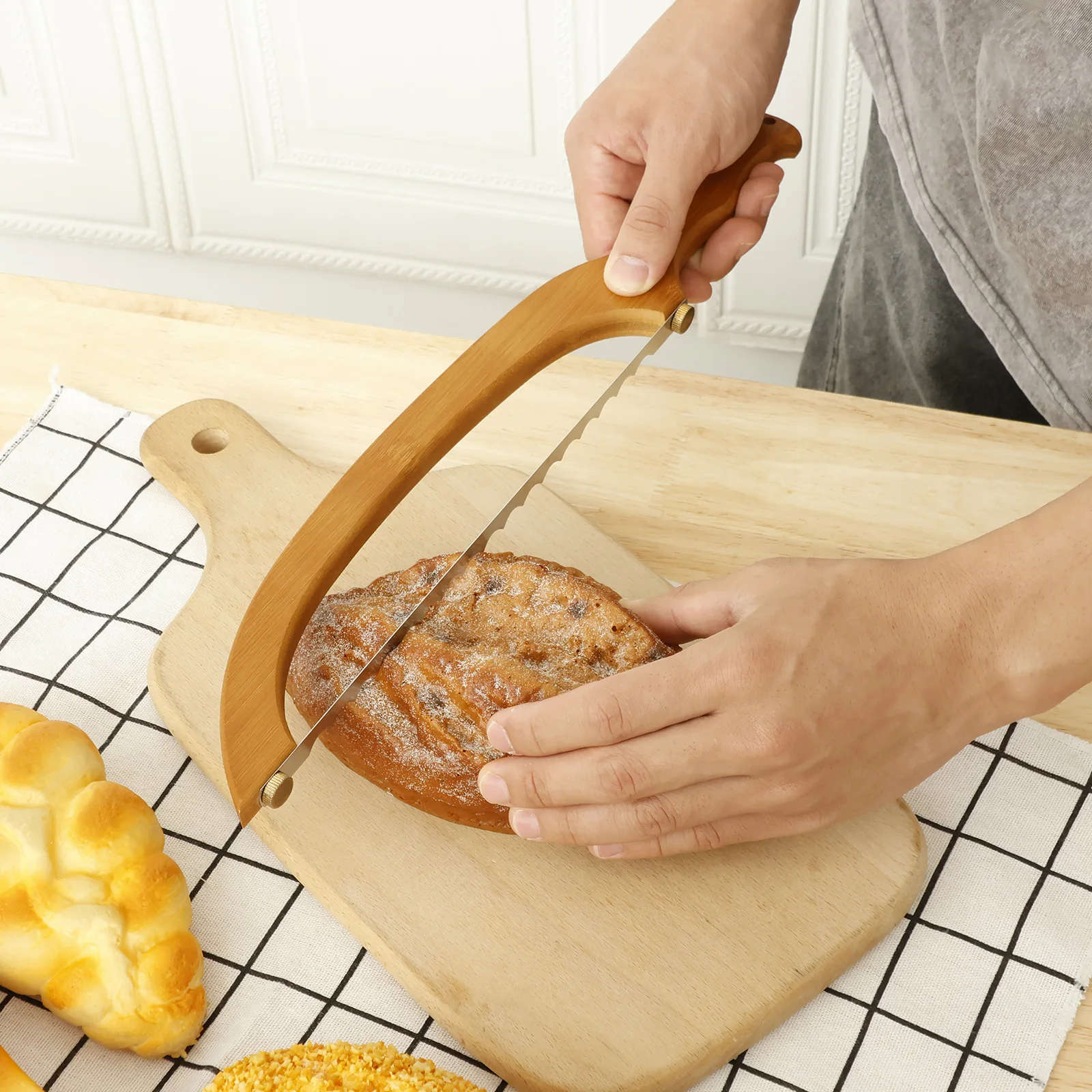 Sourdough Bread Slicer Bamboo Bread Bow Knife with Stainless Steel Serrated Blades for Baker Homemade Bagels Kitchen for Bagels
Sourdough Bread Slicer Bamboo Bread Bow Knife with Stainless Steel Serrated Blades for Baker Homemade Bagels Kitchen for Bagels