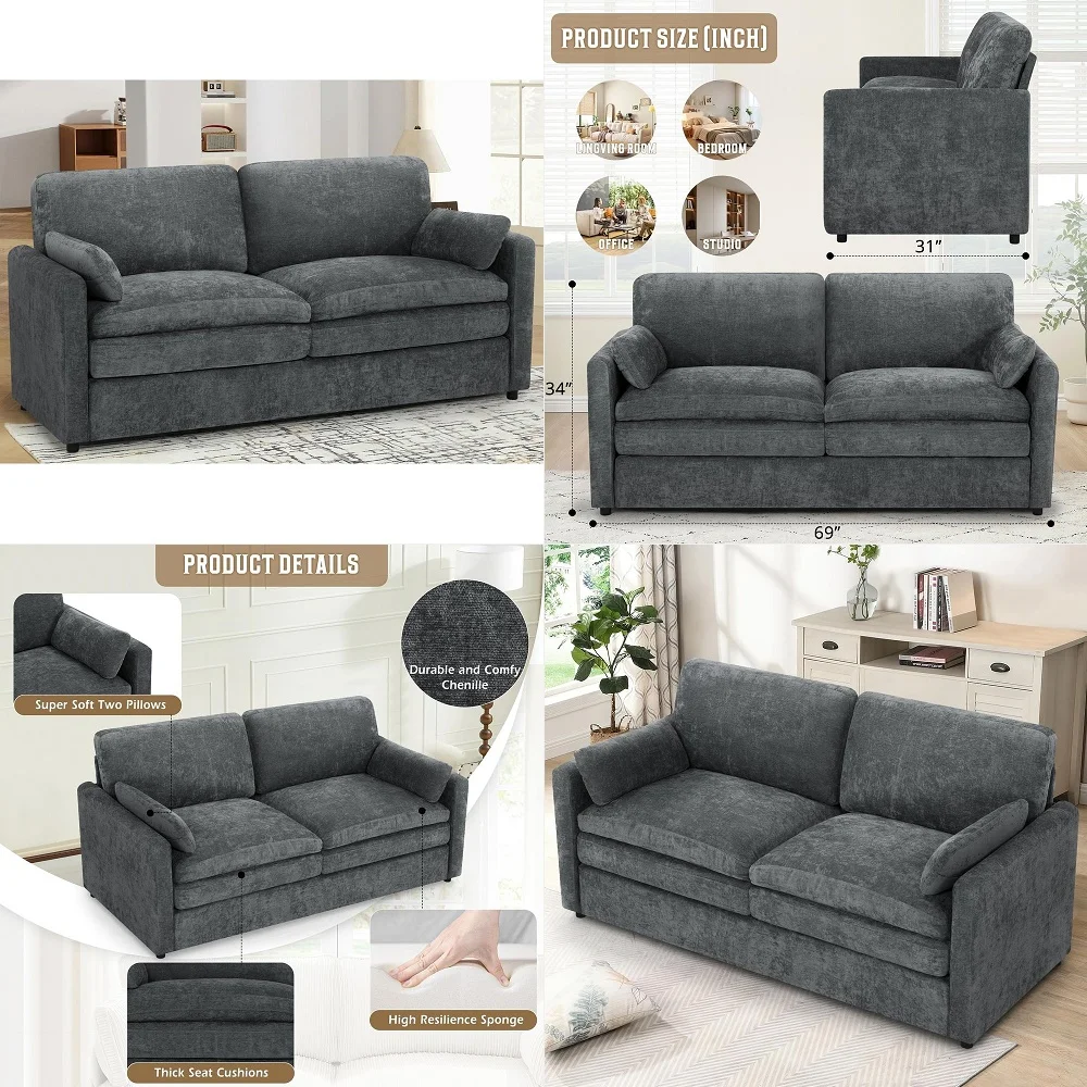 Chenille Soft Sofa w WellFilled Backrests, Modern Loveseat w Plump Pillows, 2 Seater Upholstered Couch w Thick amp Comfy Cushio
Chenille Soft Sofa w WellFilled Backrests, Modern Loveseat w Plump Pillows, 2 Seater Upholstered Couch w Thick amp Comfy Cushio