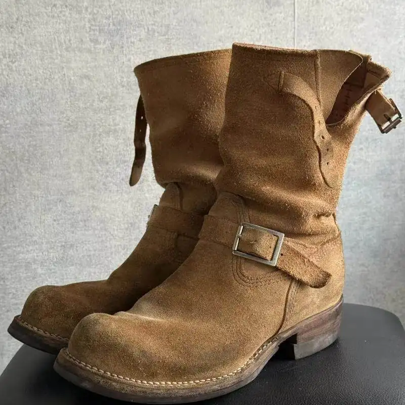 Fashion Men's Khaki Cow Suede Work Boots Mid-Calf Engineer Boots Faded Metal Buckle Strap Motorcycle Knight Boots Sewing
Fashion Men's Khaki Cow Suede Work Boots Mid-Calf Engineer Boots Faded Metal Buckle Strap Motorcycle Knight Boots Sewing