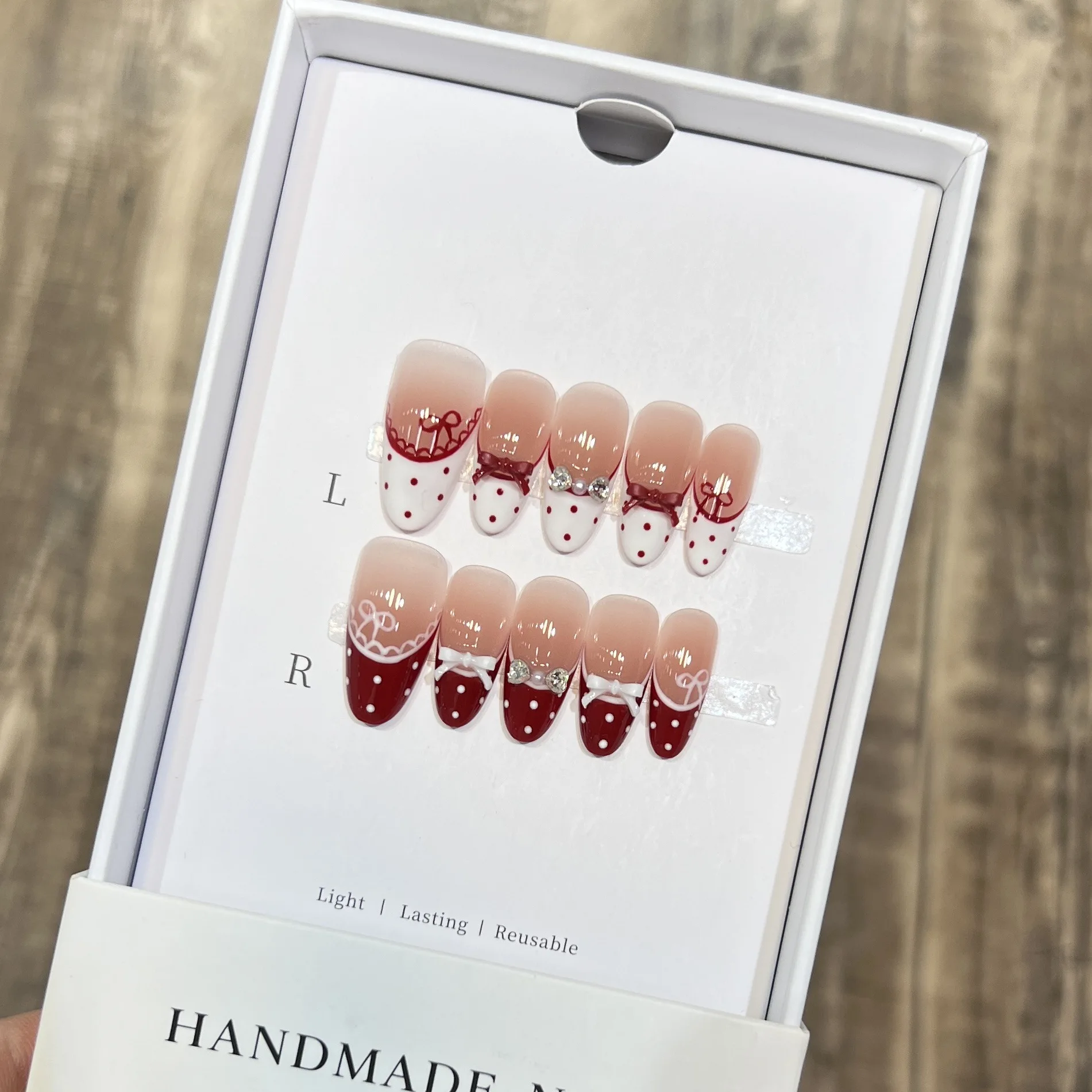 10Pcs Mid-length Almond Press on Nails Wine Red White French Hand-painted Bow Polka Point Nail with Small Rhinestone Fake Nails
10Pcs Mid-length Almond Press on Nails Wine Red White French Hand-painted Bow Polka Point Nail with Small Rhinestone Fake Nails