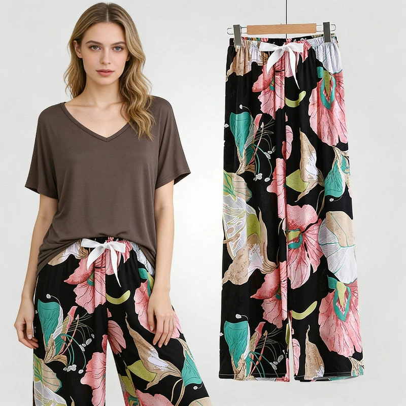 Comfortable V Neck Sleepwear Soft Modal Short Sleeve Long Print Pants Home Clothes Suit Women's Spring Summer New Loungewear
Comfortable V Neck Sleepwear Soft Modal Short Sleeve Long Print Pants Home Clothes Suit Women's Spring Summer New Loungewear