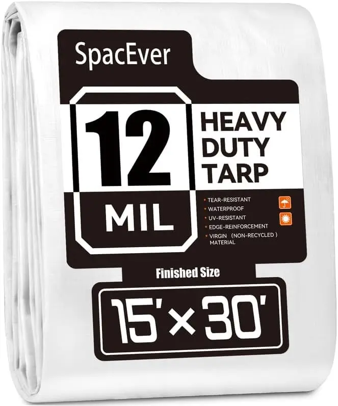 Heavy Duty Tarp 15x30 FT, 12 Mil Thick, Waterproof & UV Resistant, with Grommets, for Pool, Roof, Tent, Outdoor Firewood, White
Heavy Duty Tarp 15x30 FT, 12 Mil Thick, Waterproof & UV Resistant, with Grommets, for Pool, Roof, Tent, Outdoor Firewood, White