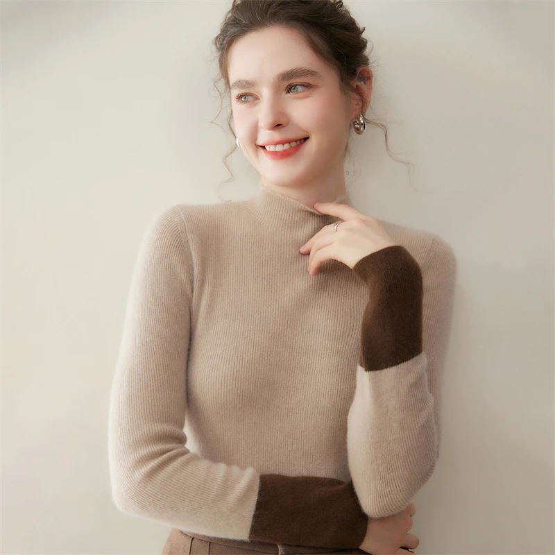 Women Mock Neck Cashmere Sweater Silm Striped Pullover Color Blocking Long Sleeve 100% Cashmere Knitwear Autumn Winter Basic Top
Women Mock Neck Cashmere Sweater Silm Striped Pullover Color Blocking Long Sleeve 100% Cashmere Knitwear Autumn Winter Basic Top