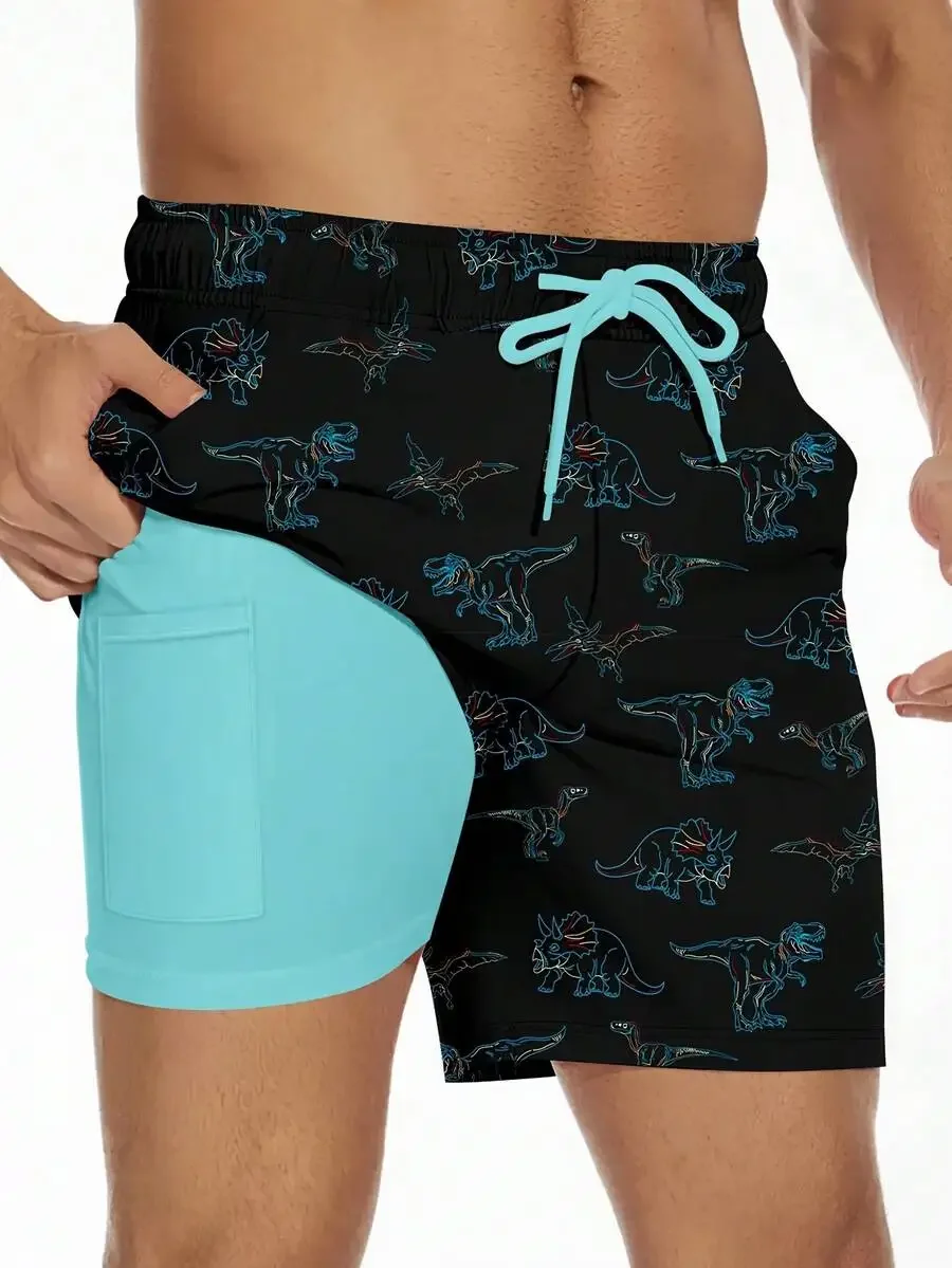 Mens 2-In-1 Quick Dry Swim Trunks Neon Dinosaur Print Beach Shorts With Liner
Mens 2-In-1 Quick Dry Swim Trunks Neon Dinosaur Print Beach Shorts With Liner