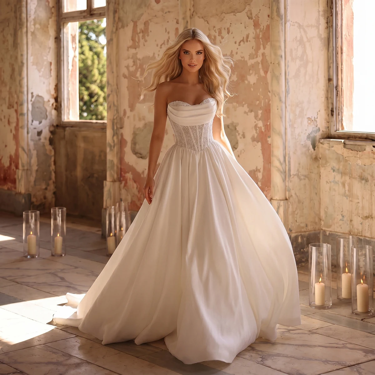 Vestidos Novia Simple Strapless Wedding Dresses For Bride Long Satin Ball Gown With Train Beaded Bridal Party Gown For Women
Vestidos Novia Simple Strapless Wedding Dresses For Bride Long Satin Ball Gown With Train Beaded Bridal Party Gown For Women
