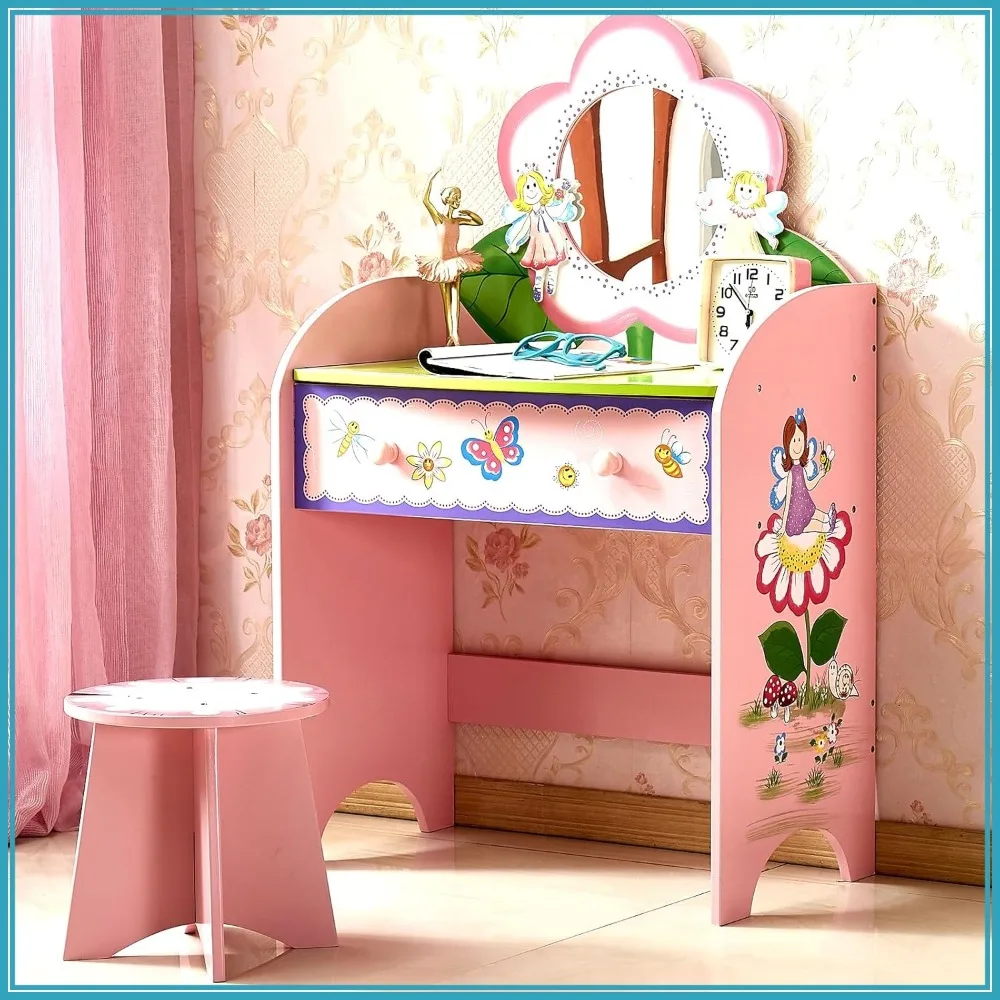 Kids Vanity Set with Mirror and Stool, Beauty Makeup Table with Drawer and Chair
Kids Vanity Set with Mirror and Stool, Beauty Makeup Table with Drawer and Chair