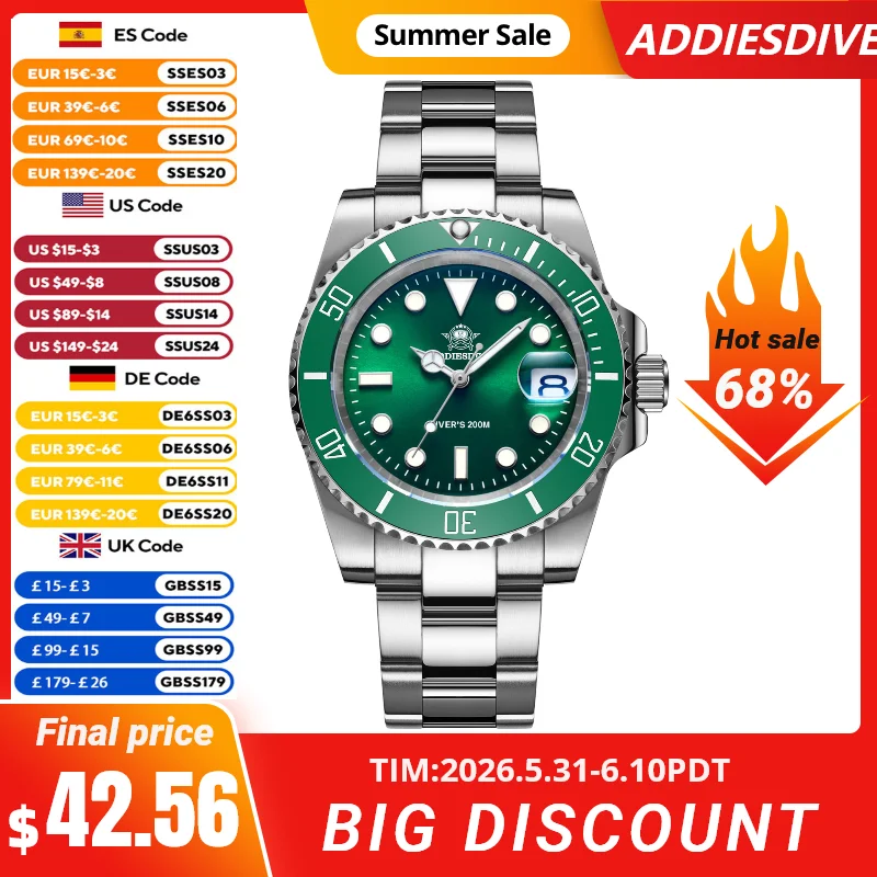 ADDIESDIVE Men's Classic Quartz Watches Stainless Steel 200m Diving Waterproof Outdoor Sports Watch BGW9 Luminous Wristwatch
ADDIESDIVE Men's Classic Quartz Watches Stainless Steel 200m Diving Waterproof Outdoor Sports Watch BGW9 Luminous Wristwatch