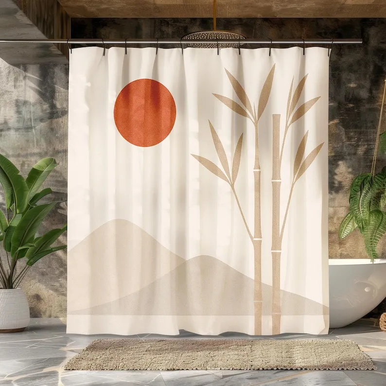 Japandi Bamboo Shower Curtain, Minimalist Zen Bathroom Decor, Neutral Earth Tone Curtain with Red Sun
Japandi Bamboo Shower Curtain, Minimalist Zen Bathroom Decor, Neutral Earth Tone Curtain with Red Sun