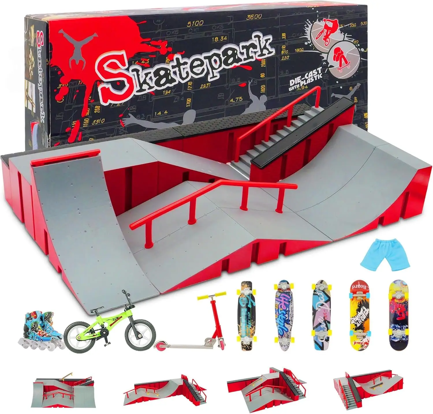 9-in-1 Finger Skateboard Park Set with 5 Boards, Bike, Scooter & Accessories, DIY Ramp Kit, Gift for Kids
9-in-1 Finger Skateboard Park Set with 5 Boards, Bike, Scooter & Accessories, DIY Ramp Kit, Gift for Kids