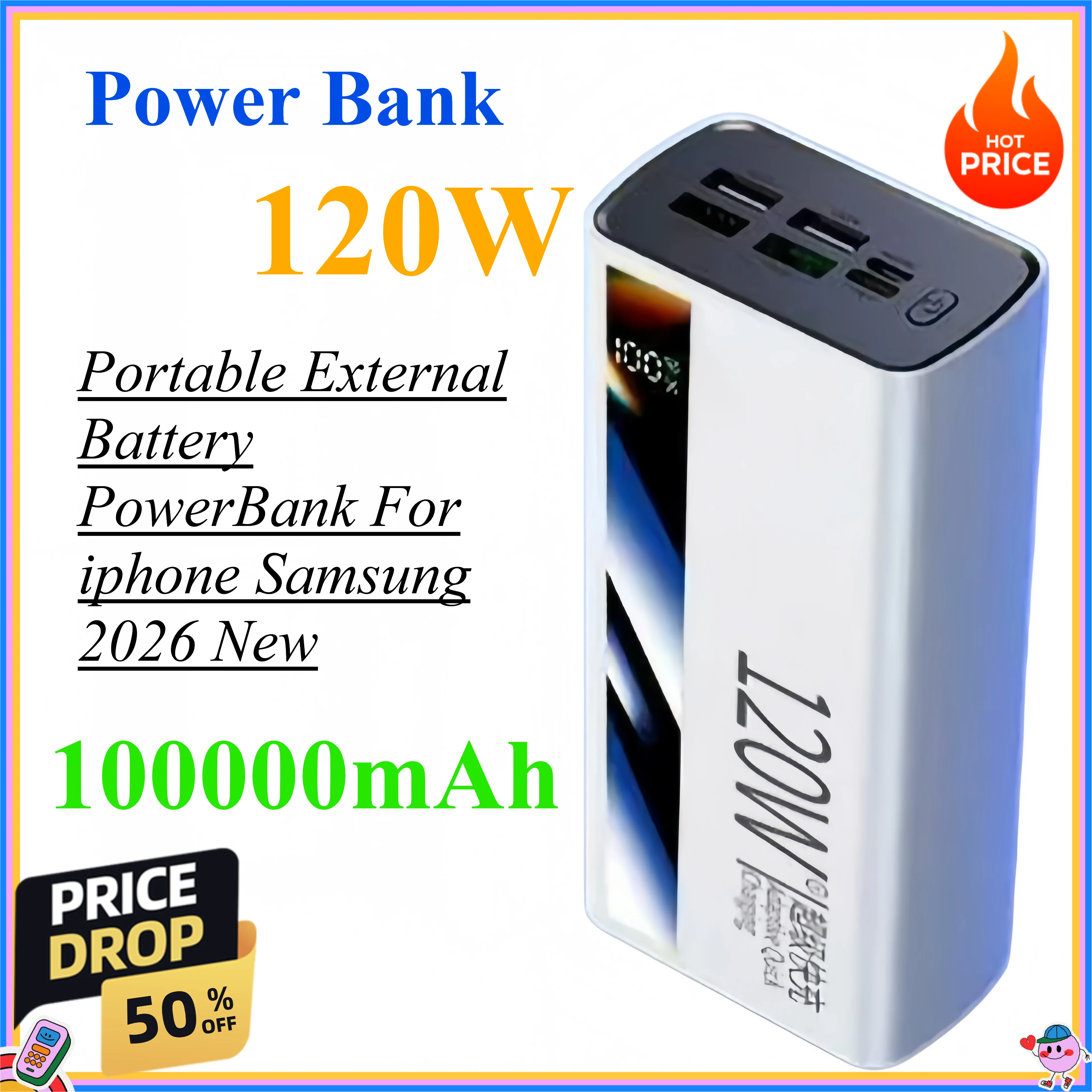 120W 100000mAh Power Bank High Capacity Super Fast Charge Portable External Battery PowerBank For iphone Samsung 2026 New
120W 100000mAh Power Bank High Capacity Super Fast Charge Portable External Battery PowerBank For iphone Samsung 2026 New