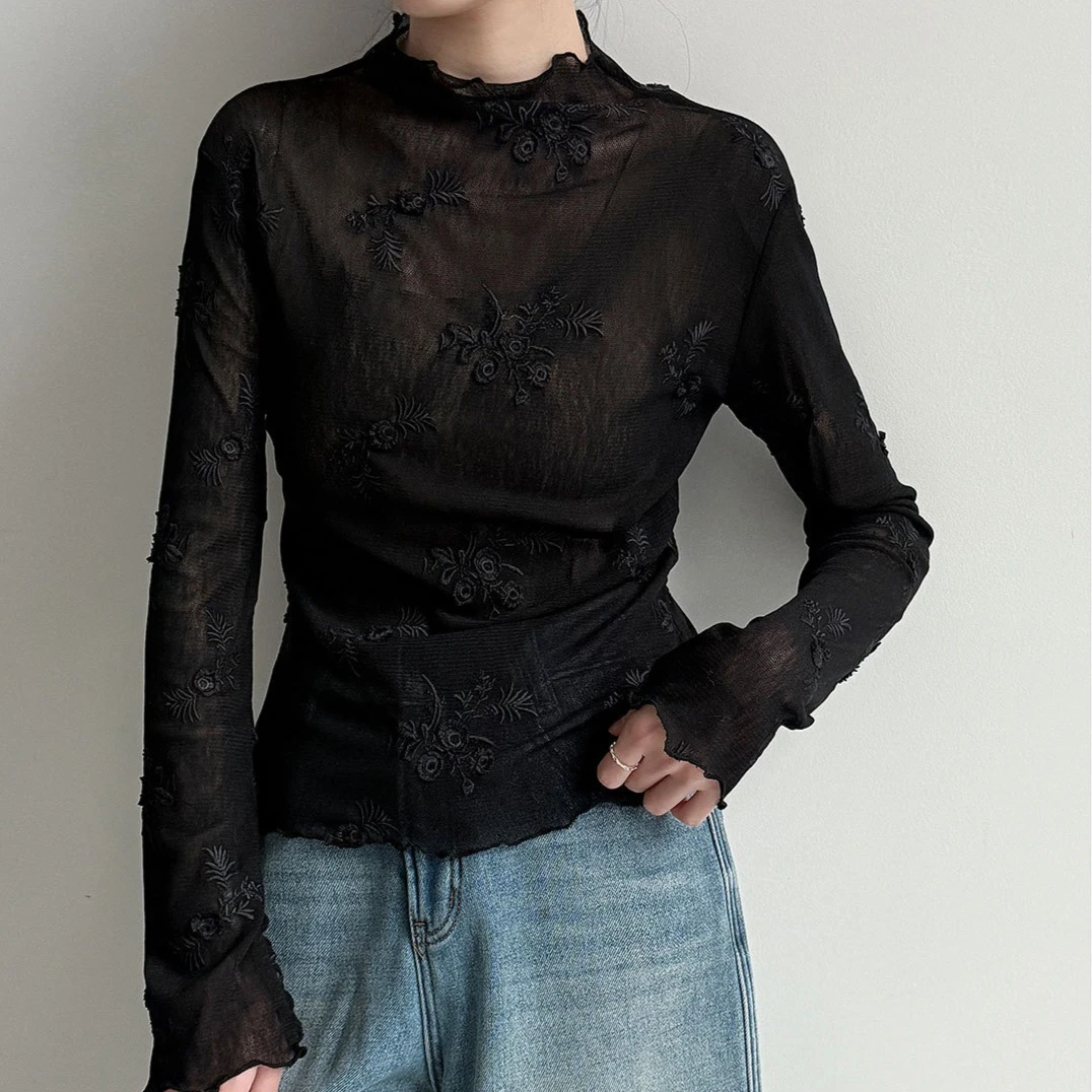 Women T Shirts Tops Mesh Tees Solid Embroidered Long Sleeves Stand Collar Slight Strech Slim Fit Office Lady Casual 2026 Spring
Women T Shirts Tops Mesh Tees Solid Embroidered Long Sleeves Stand Collar Slight Strech Slim Fit Office Lady Casual 2026 Spring