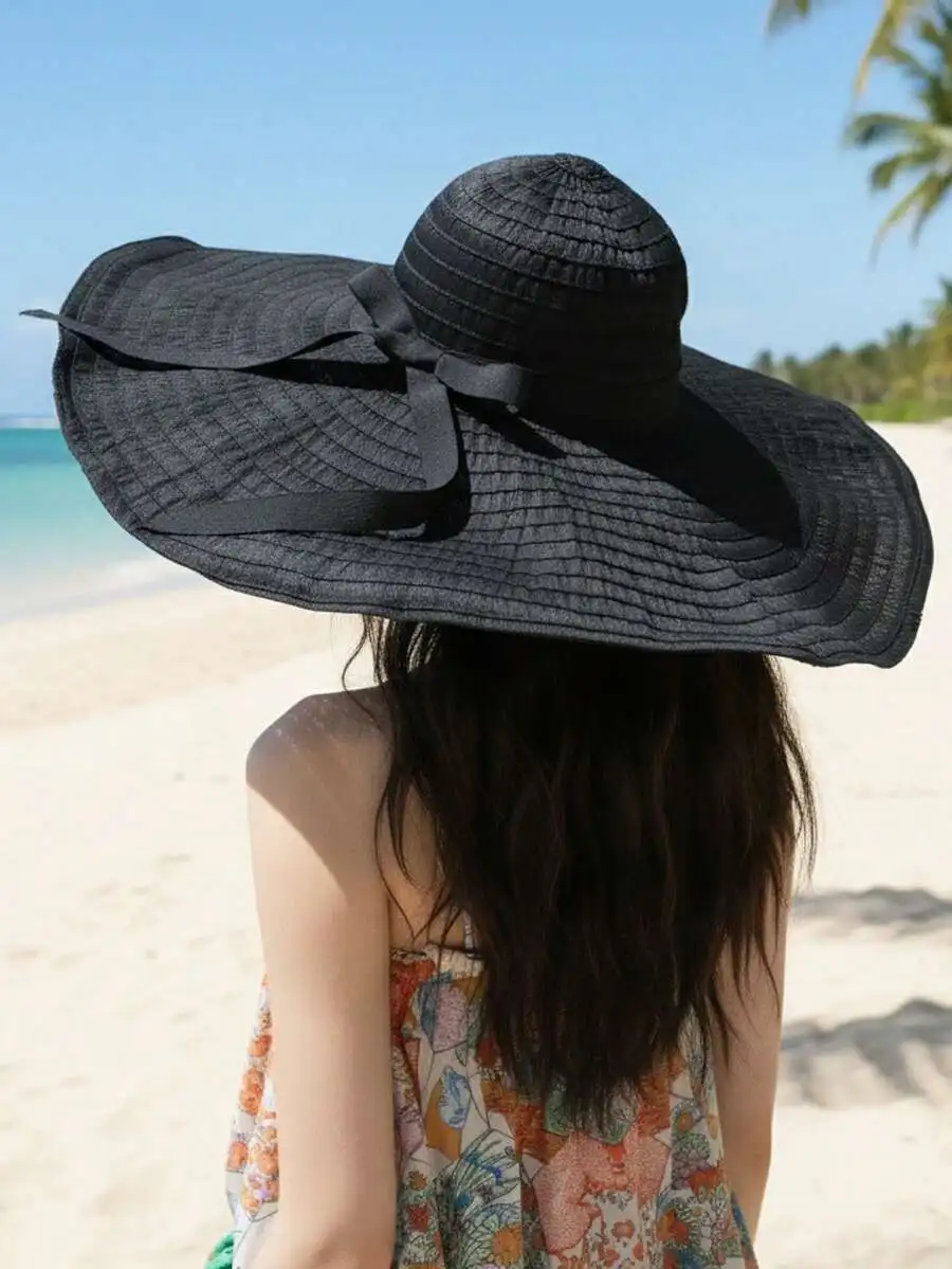 Black Oversized Wide Brim Sun Hat With Bow Decor, Foldable Beach Vacation Hat For Women
Black Oversized Wide Brim Sun Hat With Bow Decor, Foldable Beach Vacation Hat For Women