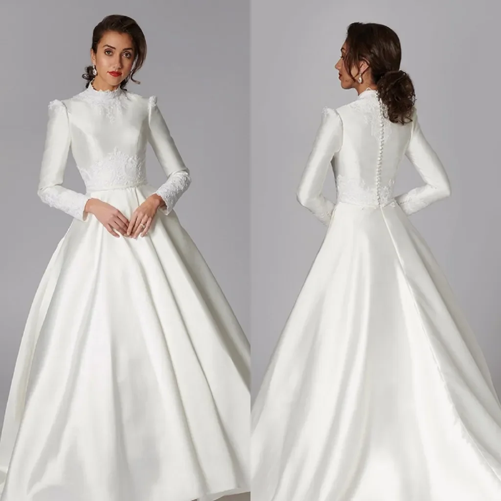 Customized New Line A Elegant Muslim High-Neck Women's Wedding Dress Decal Long Sleeve Satin Pleated Sweep Train Bridal Dress
Customized New Line A Elegant Muslim High-Neck Women's Wedding Dress Decal Long Sleeve Satin Pleated Sweep Train Bridal Dress