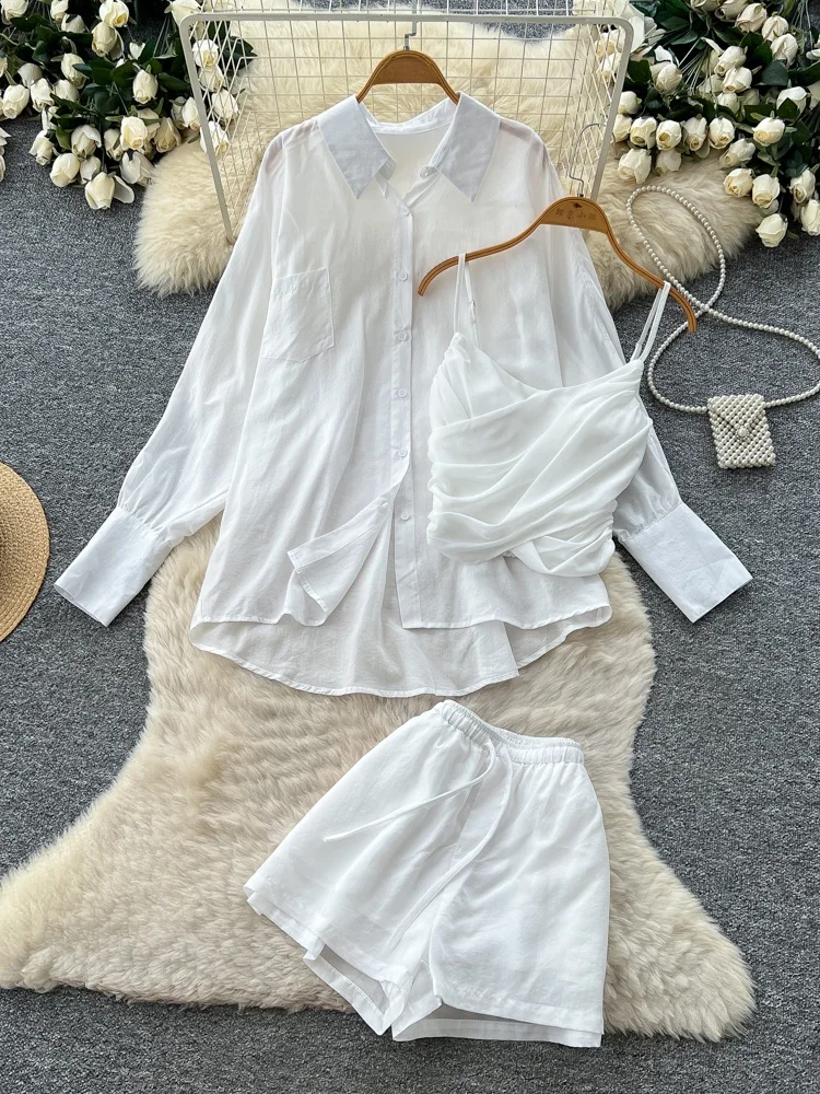 Korean Style Commuter Sun Protection Shirt Set Women's Spring White Two-Piece Slimming Casual Shorts Three-Piece Set
Korean Style Commuter Sun Protection Shirt Set Women's Spring White Two-Piece Slimming Casual Shorts Three-Piece Set
