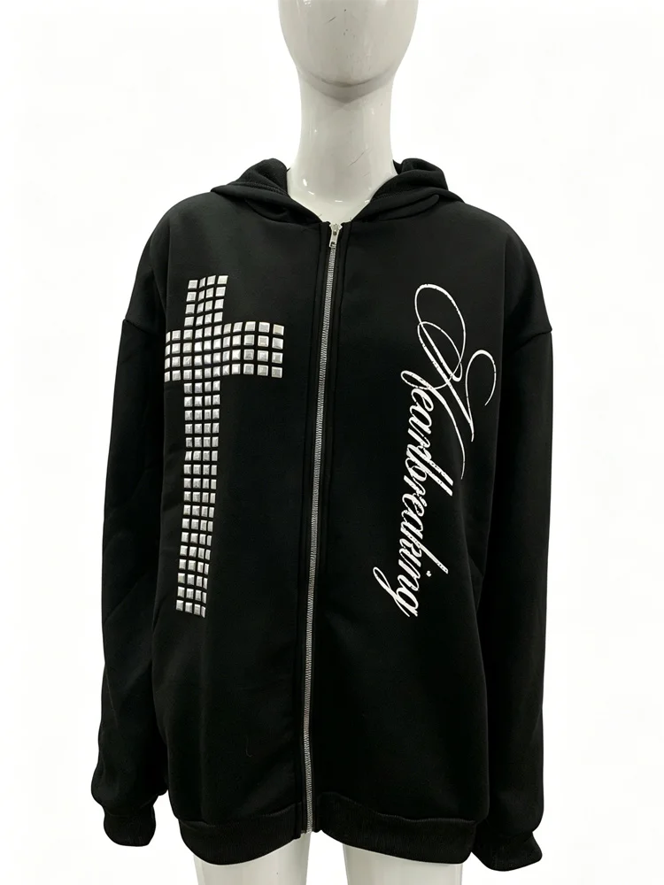 New Retro Grunge Black Zipper Hoodie Men's and Women's Cross Pin and Letter Printed Super Street Headwear Casual Sweatshirt
New Retro Grunge Black Zipper Hoodie Men's and Women's Cross Pin and Letter Printed Super Street Headwear Casual Sweatshirt