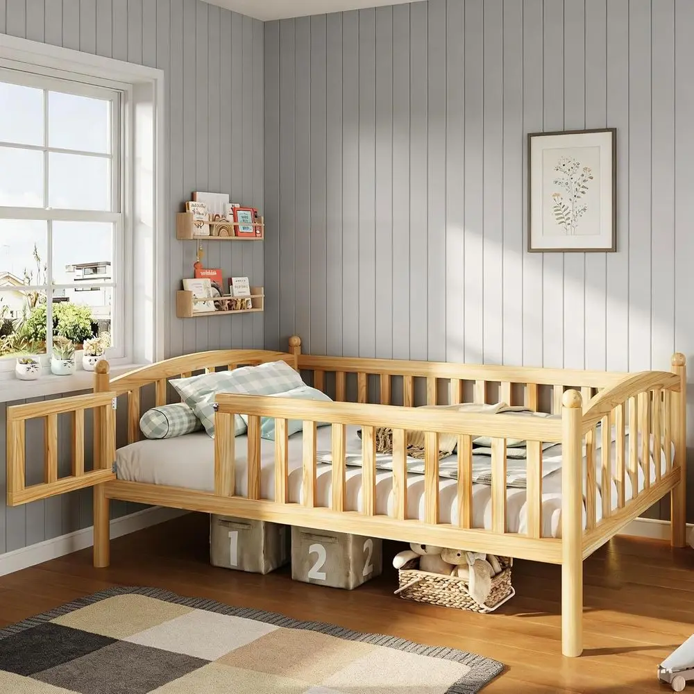 Twin Size Wooden Slat Bed with Guardrail and Door, Suitable for Kids, Easy Assembly, Natural Finish
Twin Size Wooden Slat Bed with Guardrail and Door, Suitable for Kids, Easy Assembly, Natural Finish