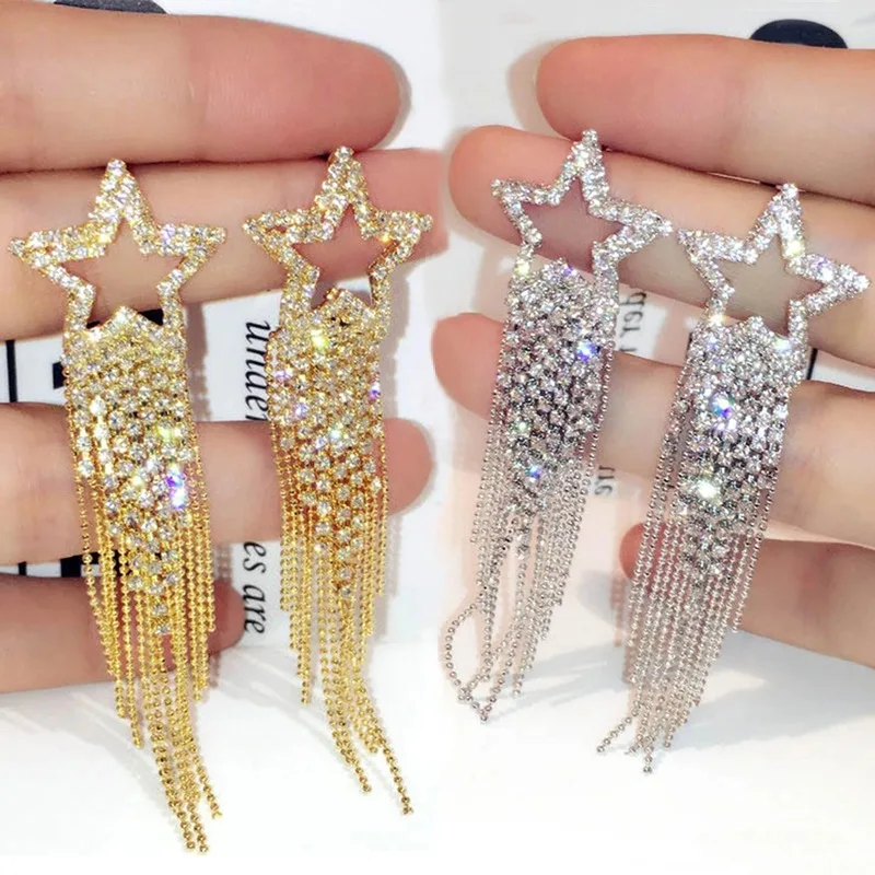 Fashion Sparkling Gold Color Star Studs Earrings Inlaid Crystal Long Tassel Earring for Women Girls Wedding Jewelry Party Gifts
Fashion Sparkling Gold Color Star Studs Earrings Inlaid Crystal Long Tassel Earring for Women Girls Wedding Jewelry Party Gifts