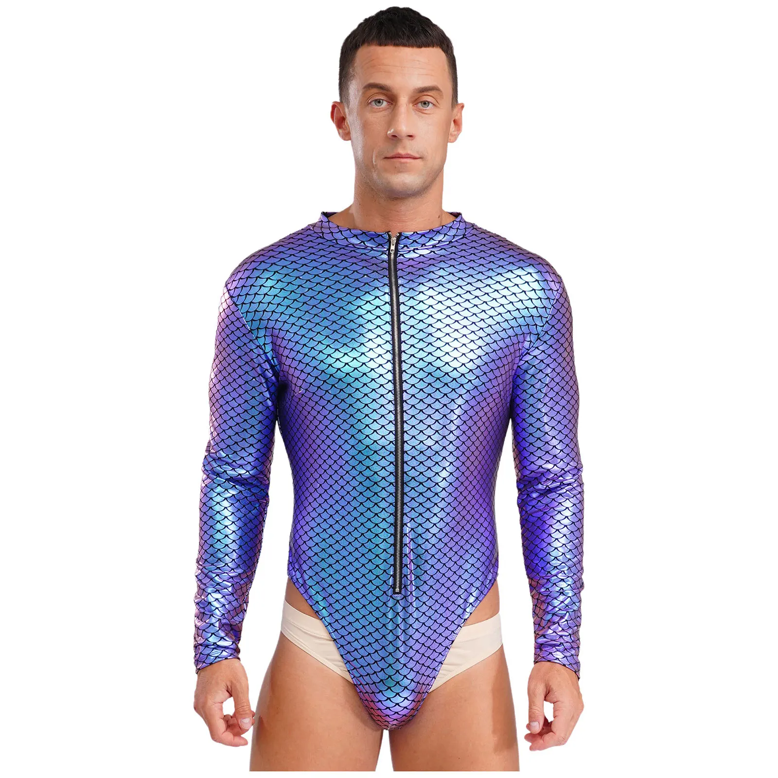Men Summer One Piece Swimsuit Mock Neck Long Sleeve Leotard Swimsuit Fish Scales Male Mermaid Swimwear Party Beach Bathing Suit
Men Summer One Piece Swimsuit Mock Neck Long Sleeve Leotard Swimsuit Fish Scales Male Mermaid Swimwear Party Beach Bathing Suit