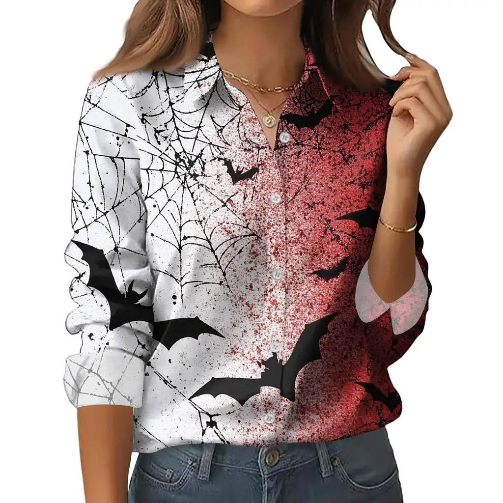 Женская рубашка из полиэстера с длинными рукавами и 3D принтом летучей мыши и паутины, повседневная женская рубашка с длинным рукавом с лацканами на Хэллоуин 
Женская рубашка из полиэстера с длинными рукавами и 3D принтом летучей мыши и паутины, повседневная женская рубашка с длинным рукавом с лацканами на Хэллоуин