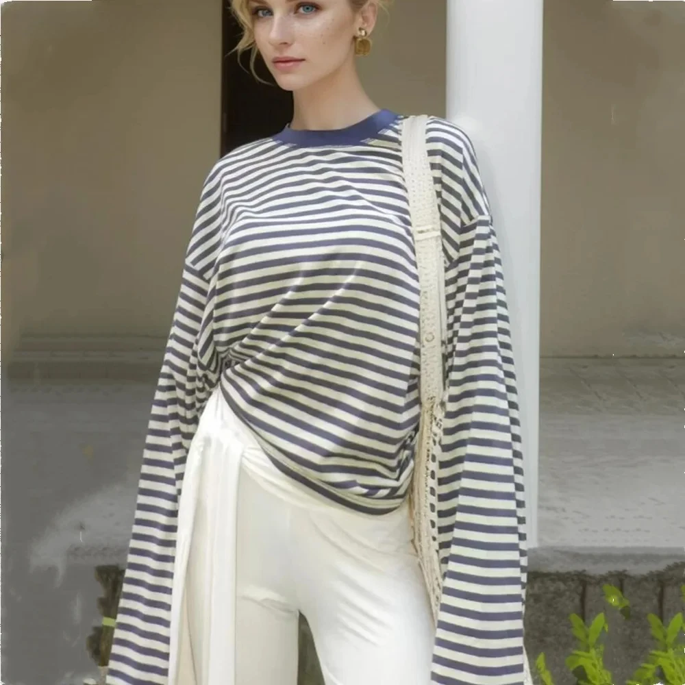 American Retro Women Contrast Color Rib Knit O Collar Striped Long Sleeve T-shirt Ex-long sleeve Loose Tee Base Casual T-shirts
American Retro Women Contrast Color Rib Knit O Collar Striped Long Sleeve T-shirt Ex-long sleeve Loose Tee Base Casual T-shirts