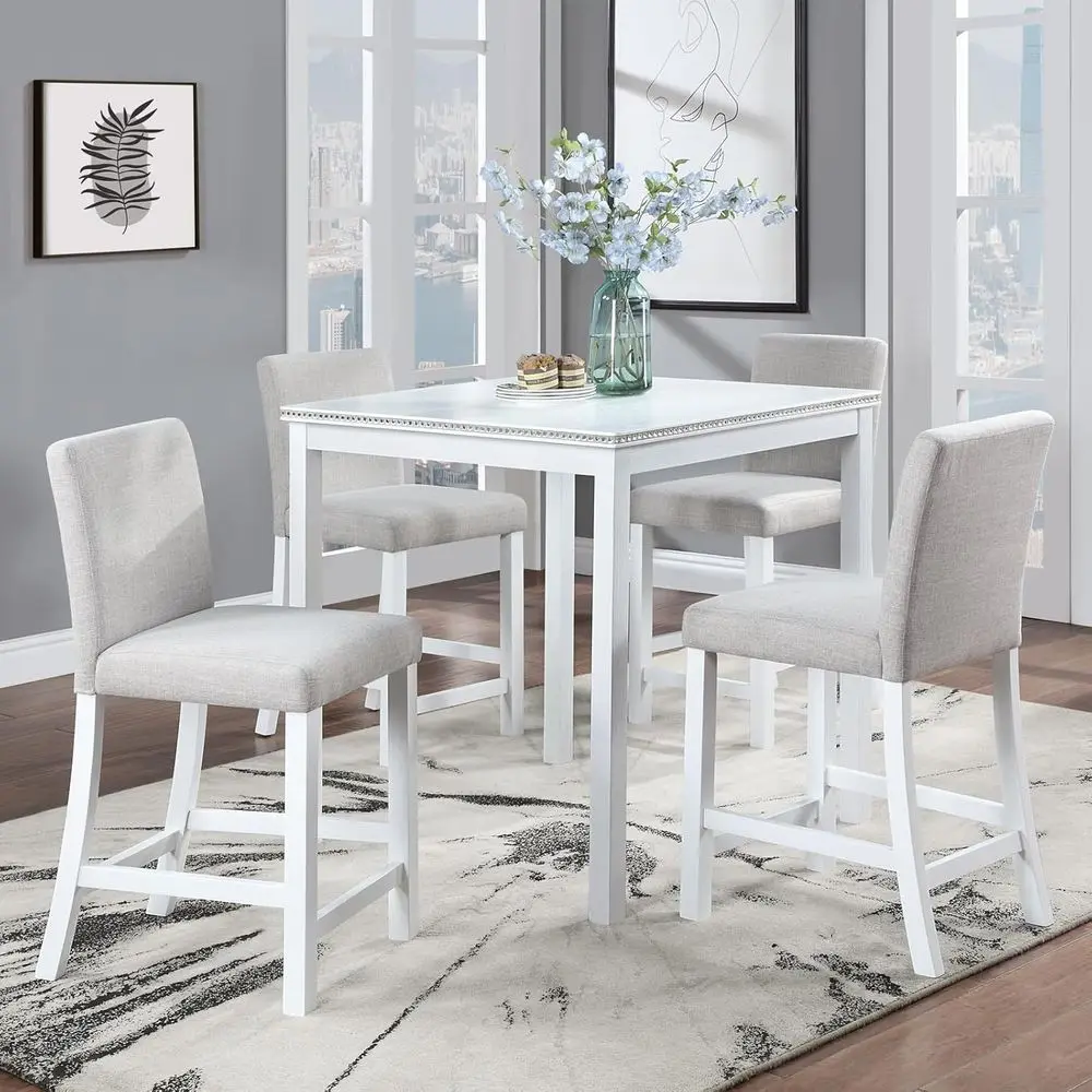 5-Piece Dining Set: Square Counter Height Table with 4 Upholstered Chairs, Crystal Accents, White Living Room
5-Piece Dining Set: Square Counter Height Table with 4 Upholstered Chairs, Crystal Accents, White Living Room