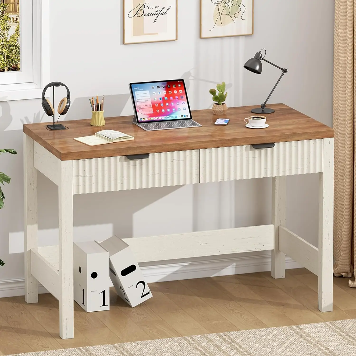 Fluted Computer Desk with 2 Drawers, 39 Inch Small Computer Desk with Storage, Compact Writing Study Vanity Desk for Small Space
Fluted Computer Desk with 2 Drawers, 39 Inch Small Computer Desk with Storage, Compact Writing Study Vanity Desk for Small Space