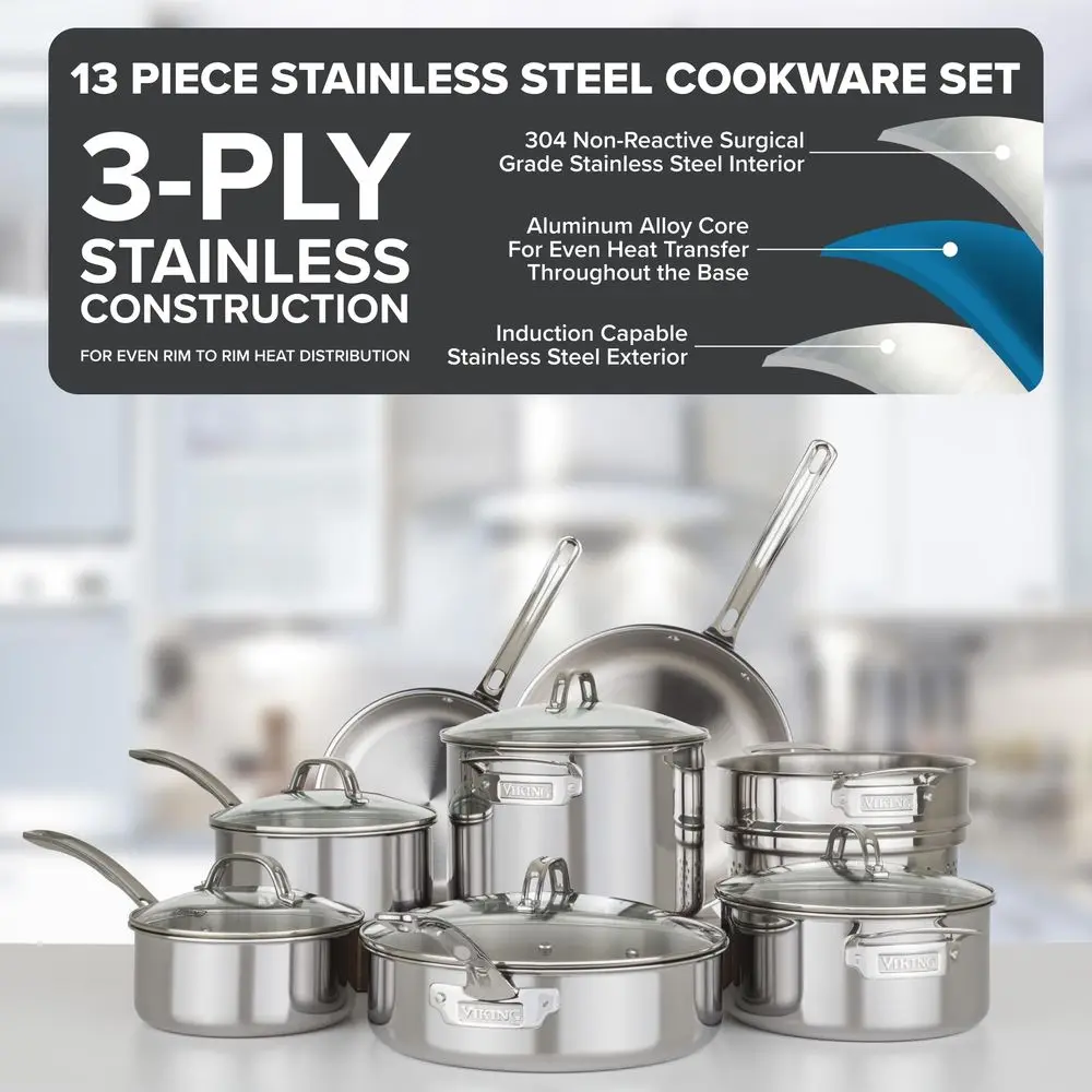 3Ply Pots and Pans Set, 13 Piece Stainless Steel Cookware, Glass Lids, Strainer, Silver
3Ply Pots and Pans Set, 13 Piece Stainless Steel Cookware, Glass Lids, Strainer, Silver