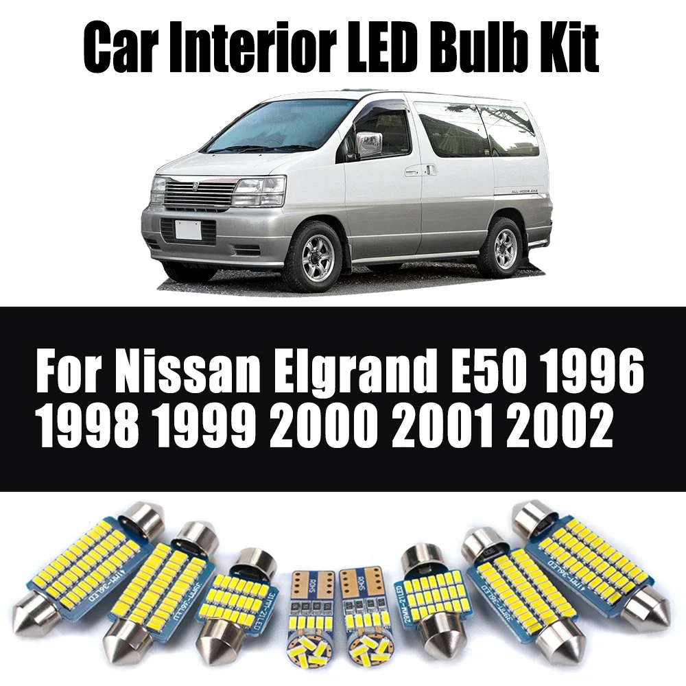 Комплект из 16 светодиодных ламп для Nissan Elgrand E50 1996-2002: освещение салона, карты, багажника, ног, номерного знака
Комплект из 16 светодиодных ламп для Nissan Elgrand E50 1996-2002: освещение салона, карты, багажника, ног, номерного знака