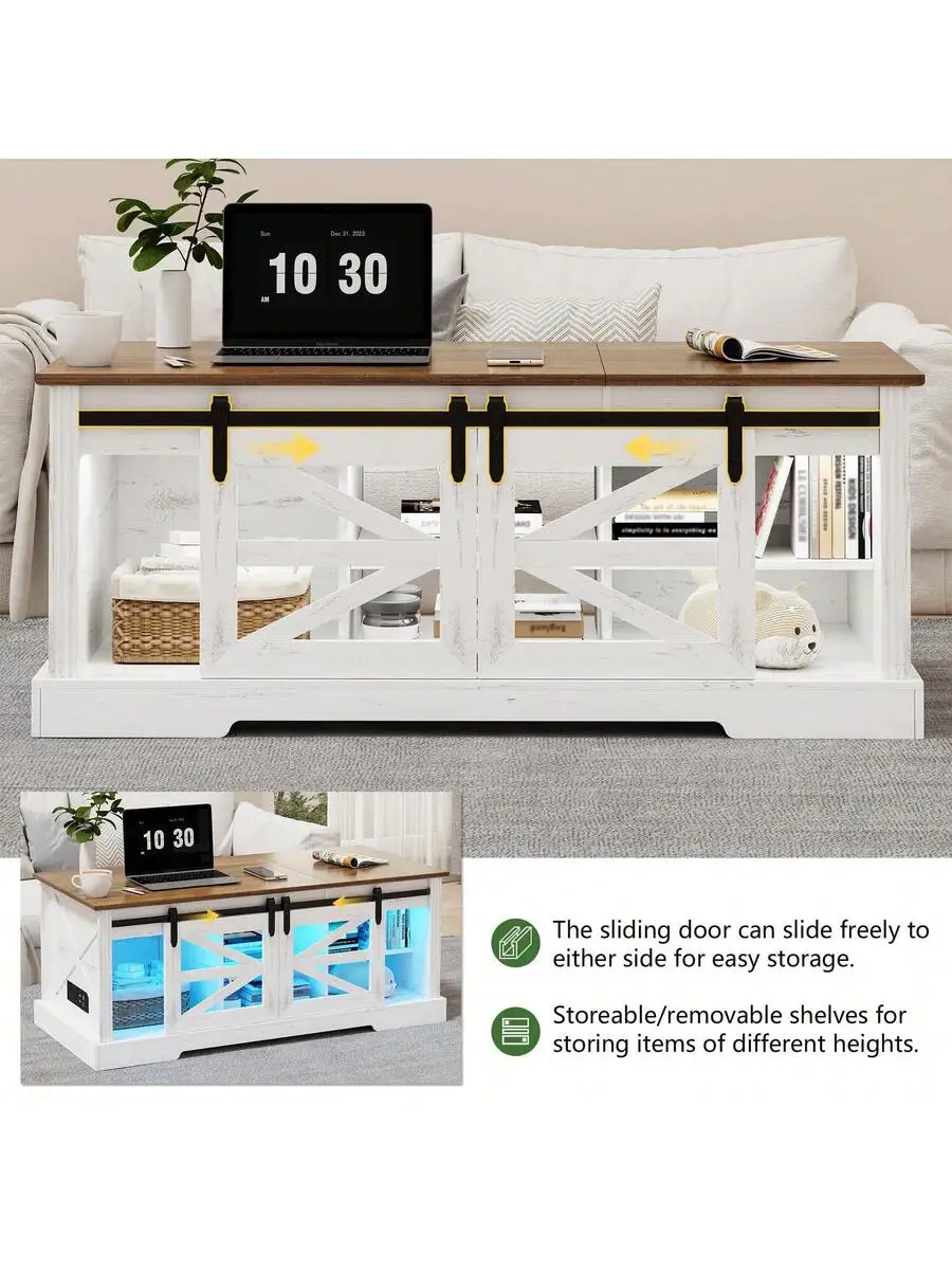 Farmhouse Coffee Table, Lift Top Coffee Table With Gun Cabinet, 2 Sliding Barn Doors-Large Storage And 3 Color LED Lights Fit
Farmhouse Coffee Table, Lift Top Coffee Table With Gun Cabinet, 2 Sliding Barn Doors-Large Storage And 3 Color LED Lights Fit