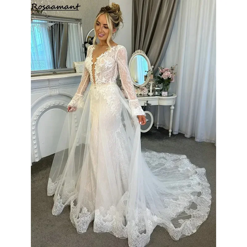 Romantic Illusion Long Sleeve Mermaid Wedding Dresses Detachable Skirt Appliques Lace Country Bridal Gowns Wedding Dresses
Romantic Illusion Long Sleeve Mermaid Wedding Dresses Detachable Skirt Appliques Lace Country Bridal Gowns Wedding Dresses
