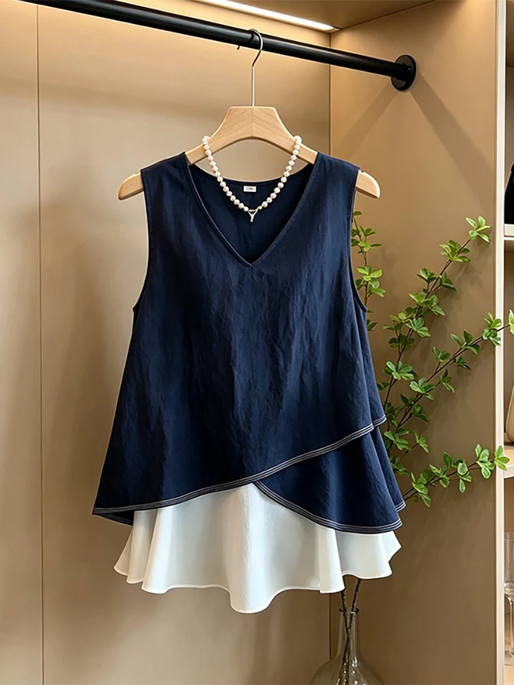 Large Size Women's Summer V-Neck Vest T-Shirt Asymmetrical Hemline Fake Two-Piece Top Breathable Skin-Friendly Korean Style
Large Size Women's Summer V-Neck Vest T-Shirt Asymmetrical Hemline Fake Two-Piece Top Breathable Skin-Friendly Korean Style