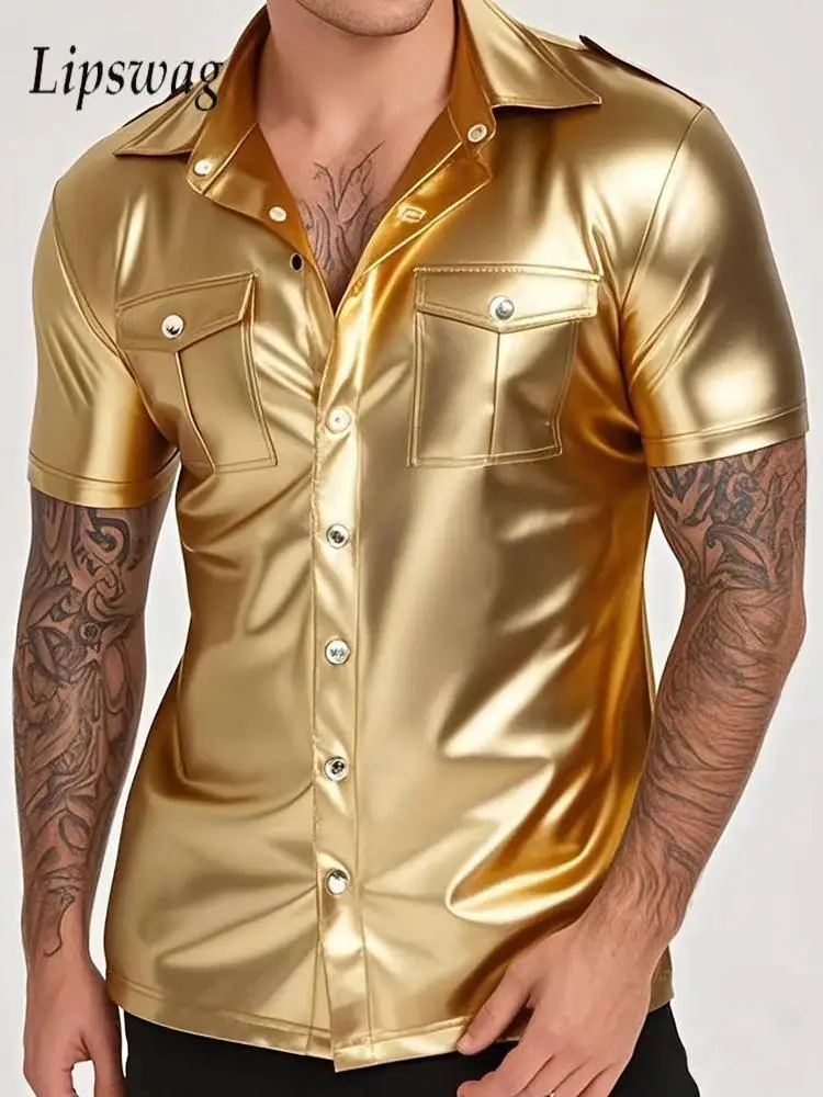 Модные мужские рубашки из искусственной кожи для ночного клуба, стильные однотонные тонкие рубашки на пуговицах, топы, весна-лето, винтажная мужская одежда
Модные мужские рубашки из искусственной кожи для ночного клуба, стильные однотонные тонкие рубашки на пуговицах, топы, весна-лето, винтажная мужская одежда