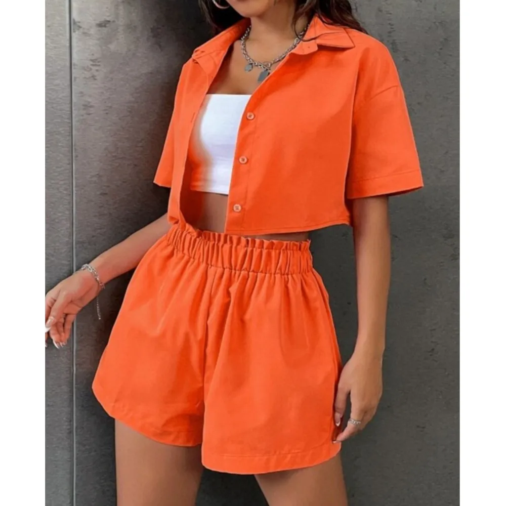 Casual Short Shirt Short Sleeve Women's Suit Summer New Fashion Loose Elastic Waist Sports Shorts Female 2 Piece Set 2025
Casual Short Shirt Short Sleeve Women's Suit Summer New Fashion Loose Elastic Waist Sports Shorts Female 2 Piece Set 2025