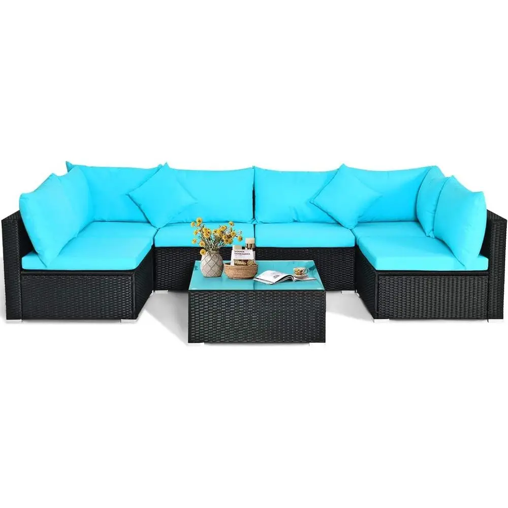 7-Piece Outdoor Wicker Sectional Patio Furniture Set with Cushions, Pillows, and Coffee Table for Garden or Lawn
7-Piece Outdoor Wicker Sectional Patio Furniture Set with Cushions, Pillows, and Coffee Table for Garden or Lawn