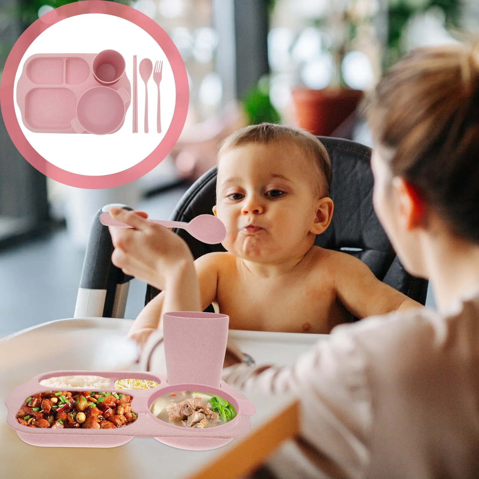 Набор детской пластиковой посуды из 1 предмета: тарелка с разделителями, вилка, ложка, миска, розовый легкий сервировочный поднос для закусок
Набор детской пластиковой посуды из 1 предмета: тарелка с разделителями, вилка, ложка, миска, розовый легкий сервировочный поднос для закусок