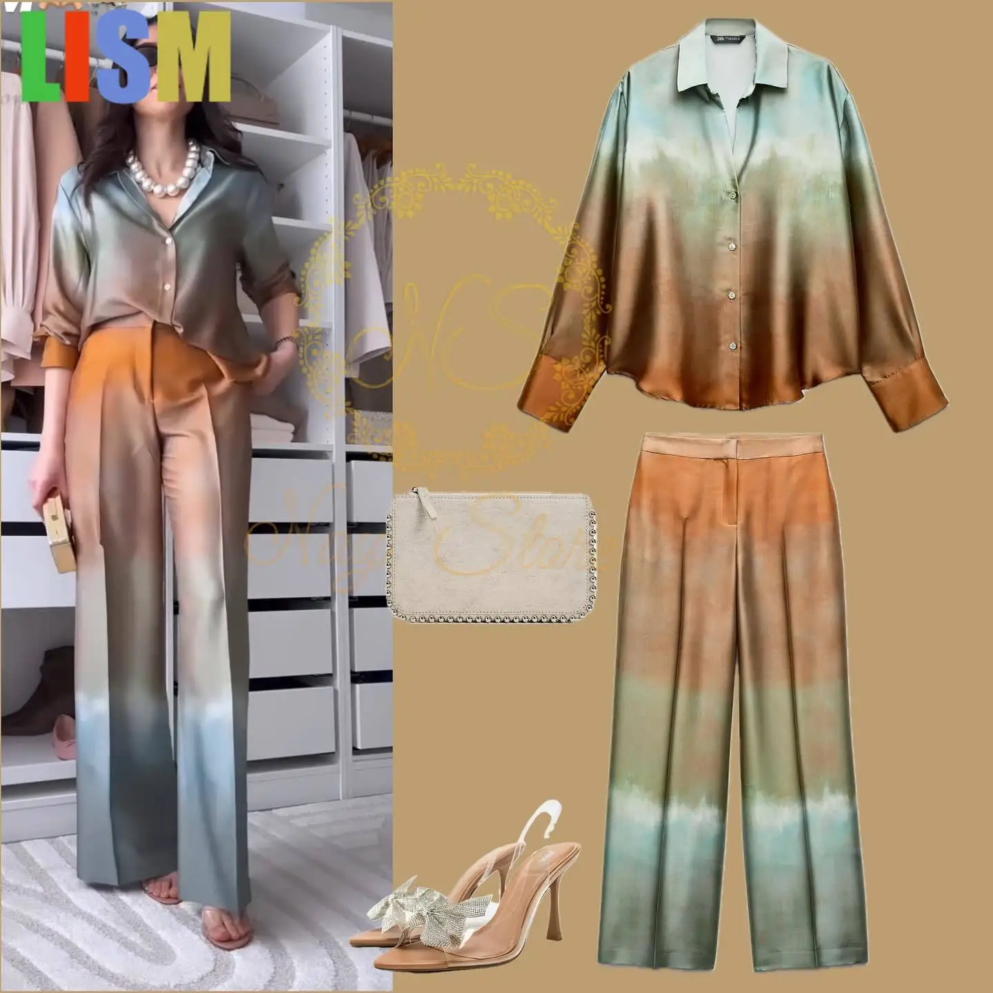 LISM 2 pieces set for woman Tie Dye Gradient Print Loose Shirts Top Wide Leg Pants Sets Button Blouse Trouser Satin Vintage Chic
LISM 2 pieces set for woman Tie Dye Gradient Print Loose Shirts Top Wide Leg Pants Sets Button Blouse Trouser Satin Vintage Chic