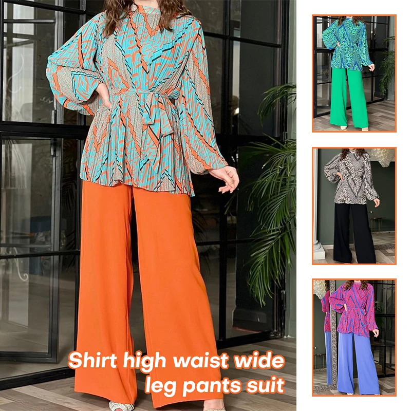 Fashion Women Loose Printing Suit Long Sleeved Round Neck Lace Up Pleated Shirt Tops Wide Leg Pants Set Lady Streetwear Suits
Fashion Women Loose Printing Suit Long Sleeved Round Neck Lace Up Pleated Shirt Tops Wide Leg Pants Set Lady Streetwear Suits