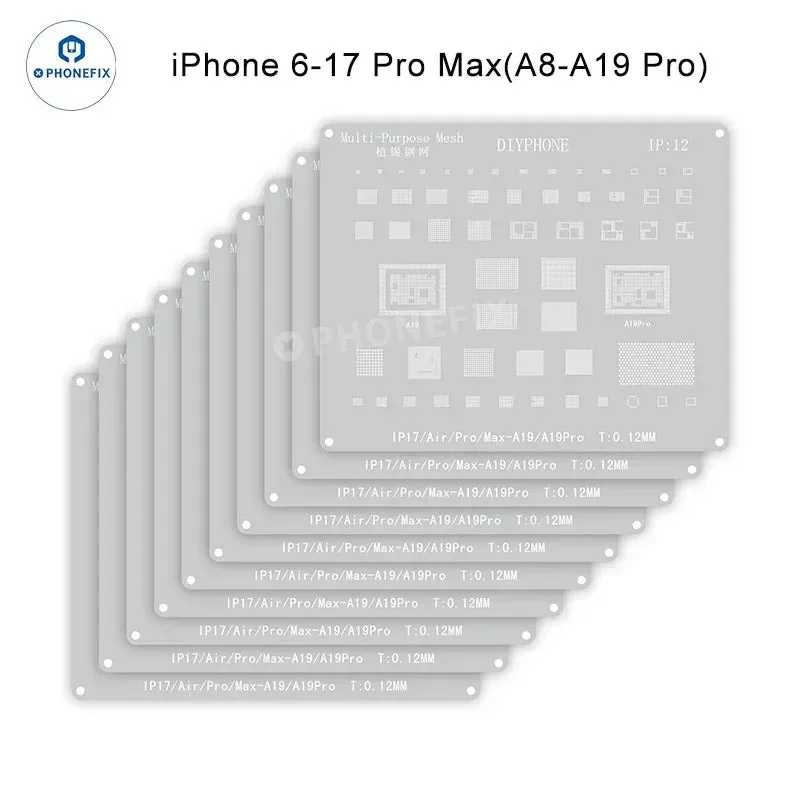 DIYPHONE BGA Reballing Stencil Kit 0.12mm Thickness Tin Mesh Solder Template for iphone X-17 ProMax Samsung Huawei Xiaomi Repair
DIYPHONE BGA Reballing Stencil Kit 0.12mm Thickness Tin Mesh Solder Template for iphone X-17 ProMax Samsung Huawei Xiaomi Repair