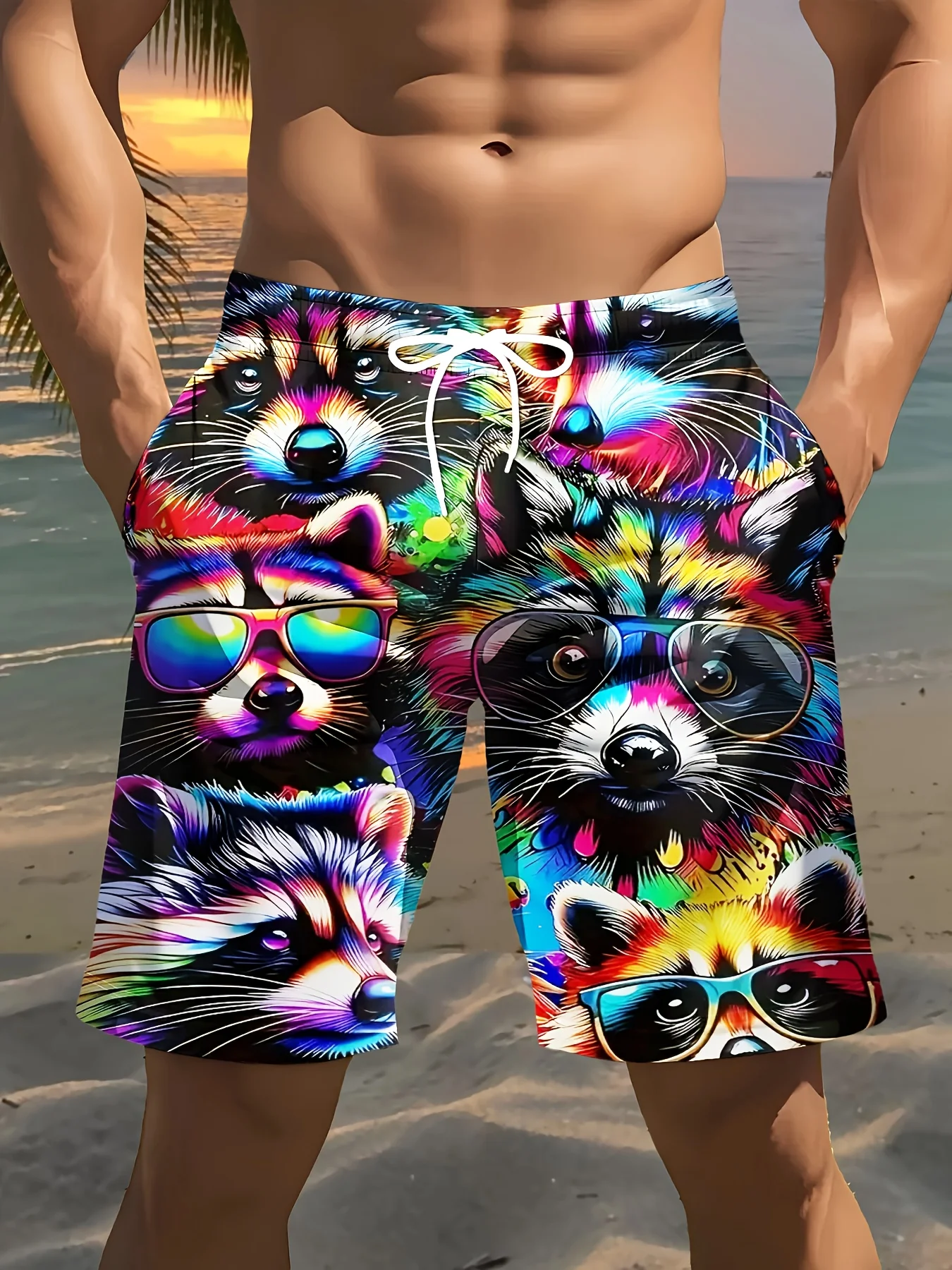 Mens Colorful Raccoon Sunglasses Print Quick Dry Board Shorts Elastic Drawstring Swim Trunks Summer Beach Casual Outfit
Mens Colorful Raccoon Sunglasses Print Quick Dry Board Shorts Elastic Drawstring Swim Trunks Summer Beach Casual Outfit
