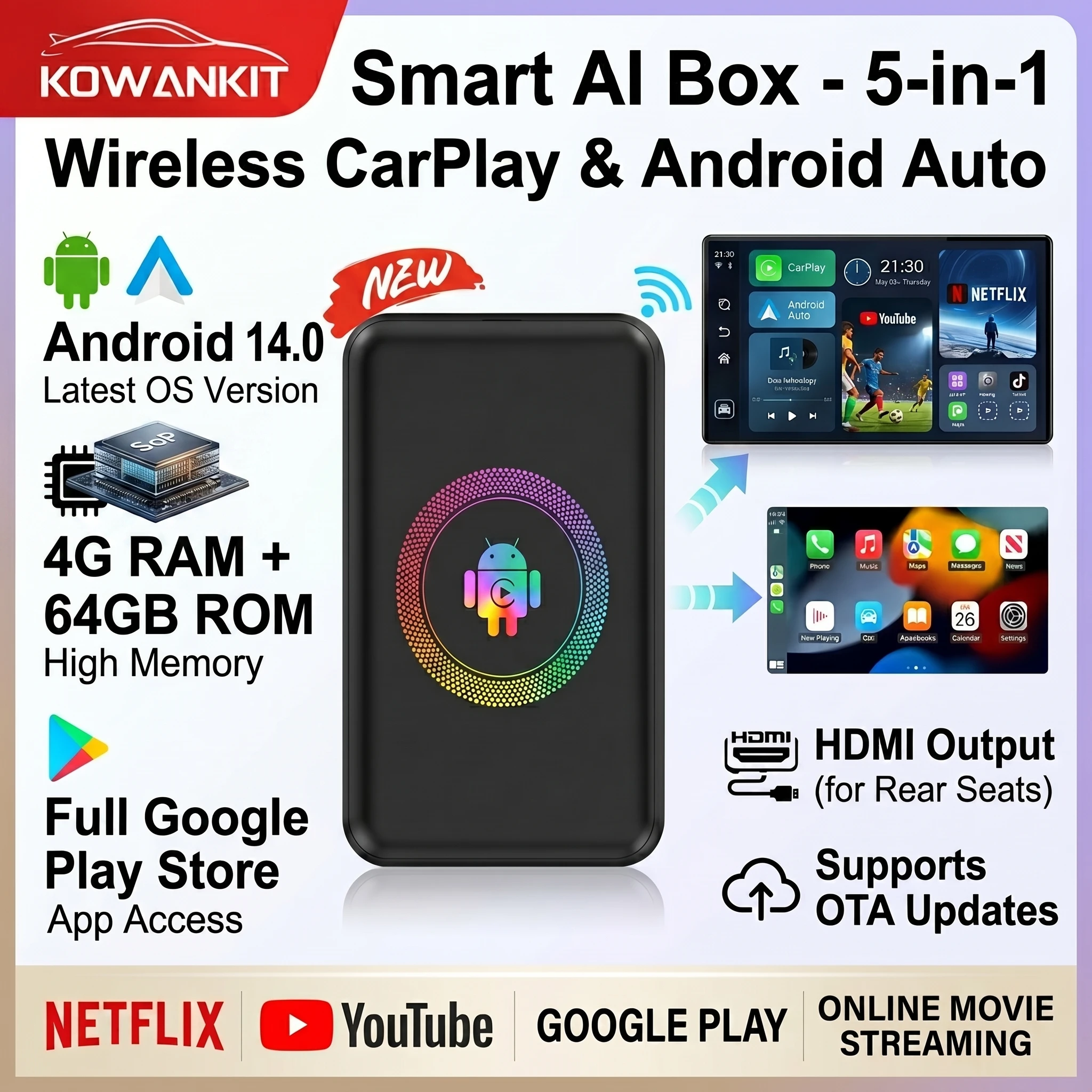 2026 4+64G Android14.0 Wireless CarPlay Ai Box Kowankit Smart HDMI Plug Play Android Auto 5 in 1 Car Tv Box For Netflix YouTube
2026 4+64G Android14.0 Wireless CarPlay Ai Box Kowankit Smart HDMI Plug Play Android Auto 5 in 1 Car Tv Box For Netflix YouTube